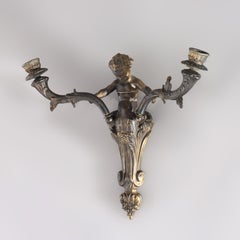 Antique Neoclassical Figural Cherub Bronze Two-Light Candle Wall Sconce C1920