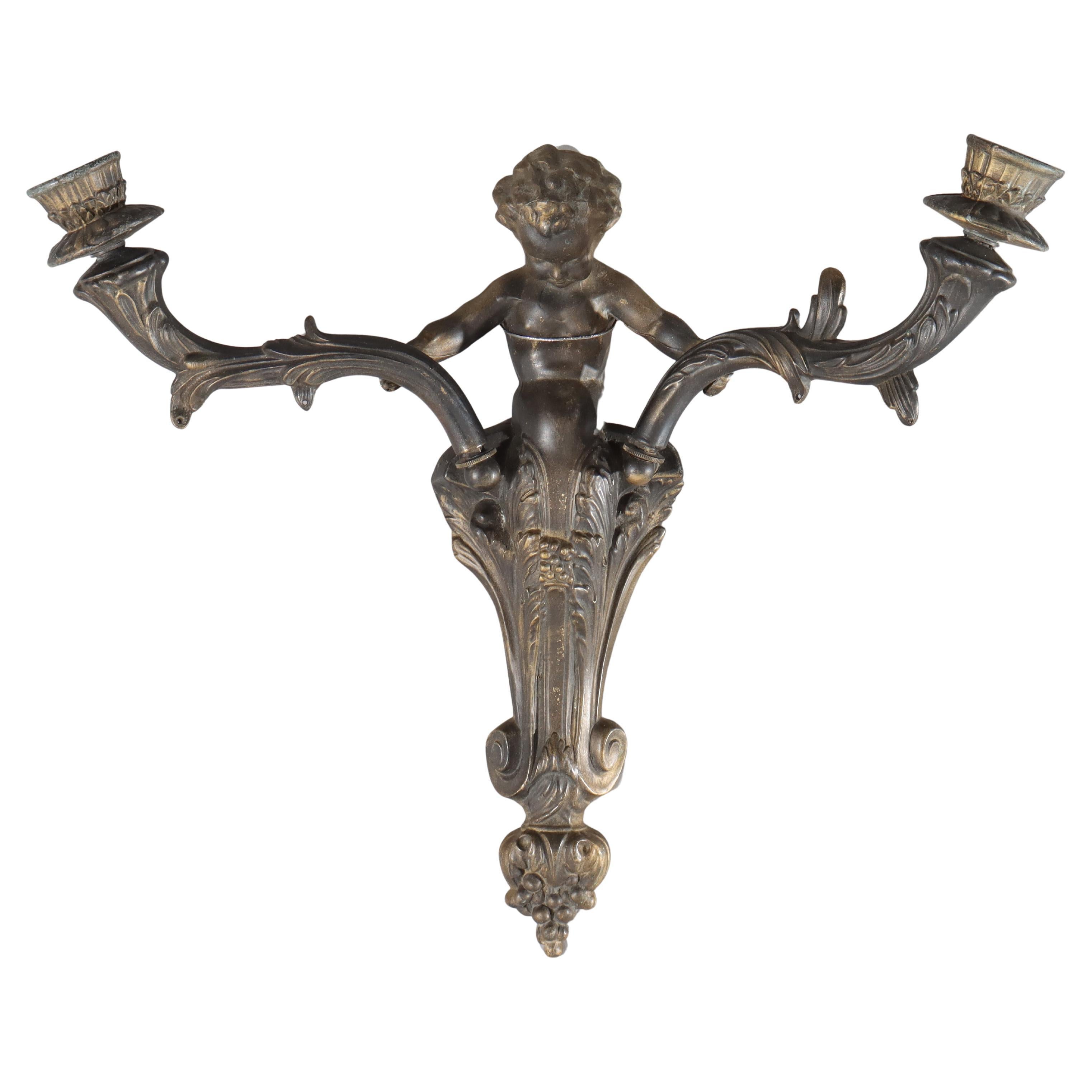 Antique Neoclassical Figural Cherub Bronze Two-Light Candle Wall Sconce C1920