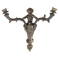 Antique Neoclassical Figural Cherub Bronze Two-Light Candle Wall Sconce C1920
