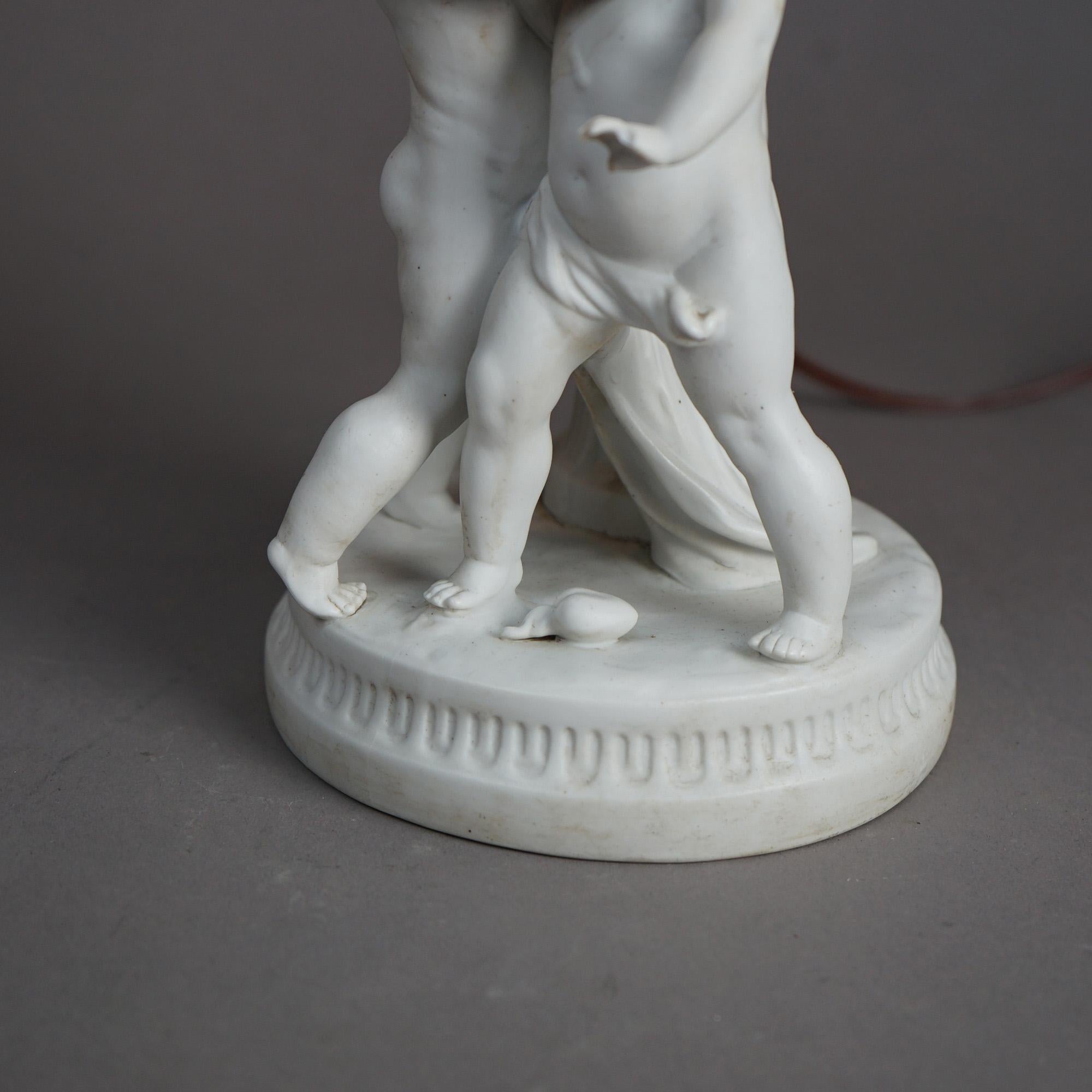 Antique Neoclassical Figural Cherub Parian Porcelain & Slag Glass Lamp C1920 5