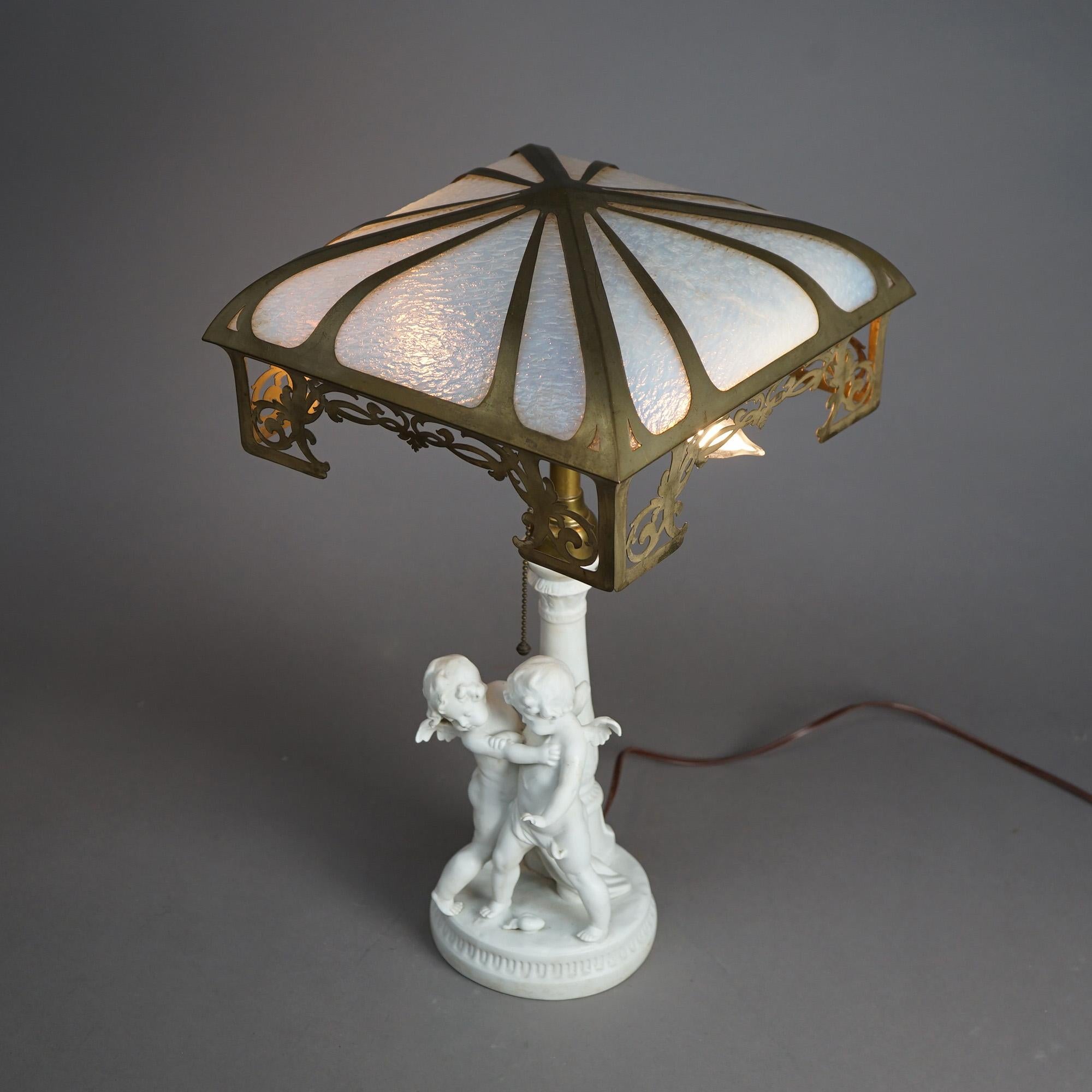 Antique Neoclassical Figural Cherub Parian Porcelain & Slag Glass Lamp C1920 6