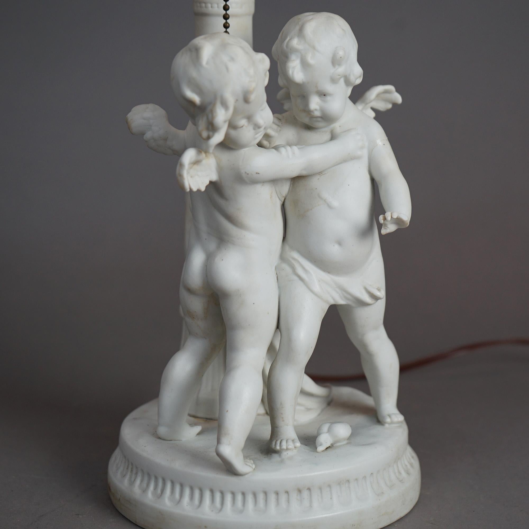 Antique Neoclassical Figural Cherub Parian Porcelain & Slag Glass Lamp C1920 7