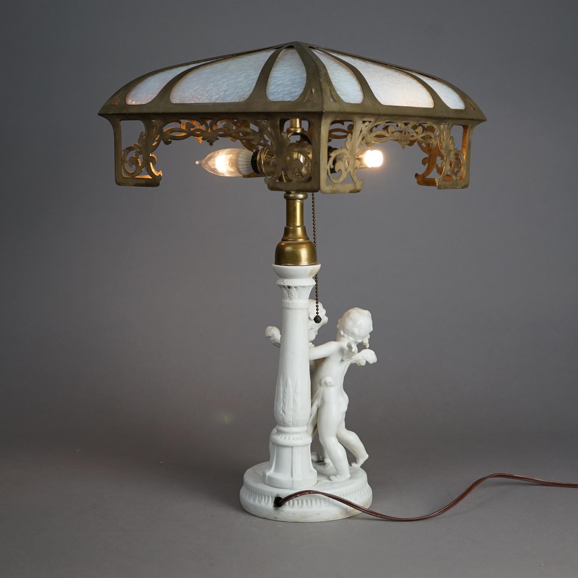 Antique Neoclassical Figural Cherub Parian Porcelain & Slag Glass Lamp C1920 8