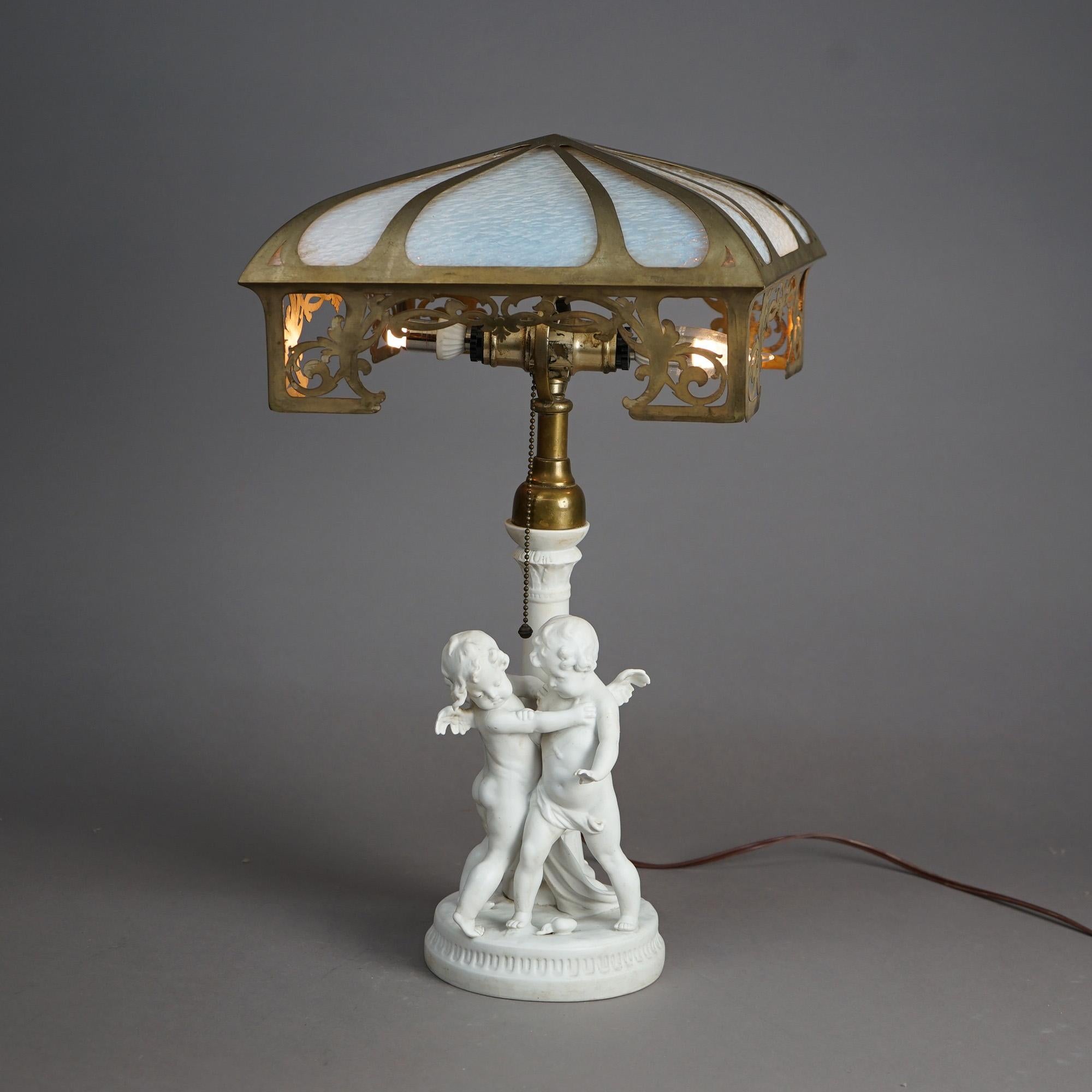Antique Neoclassical Figural Cherub Parian Porcelain & Slag Glass Lamp C1920 10