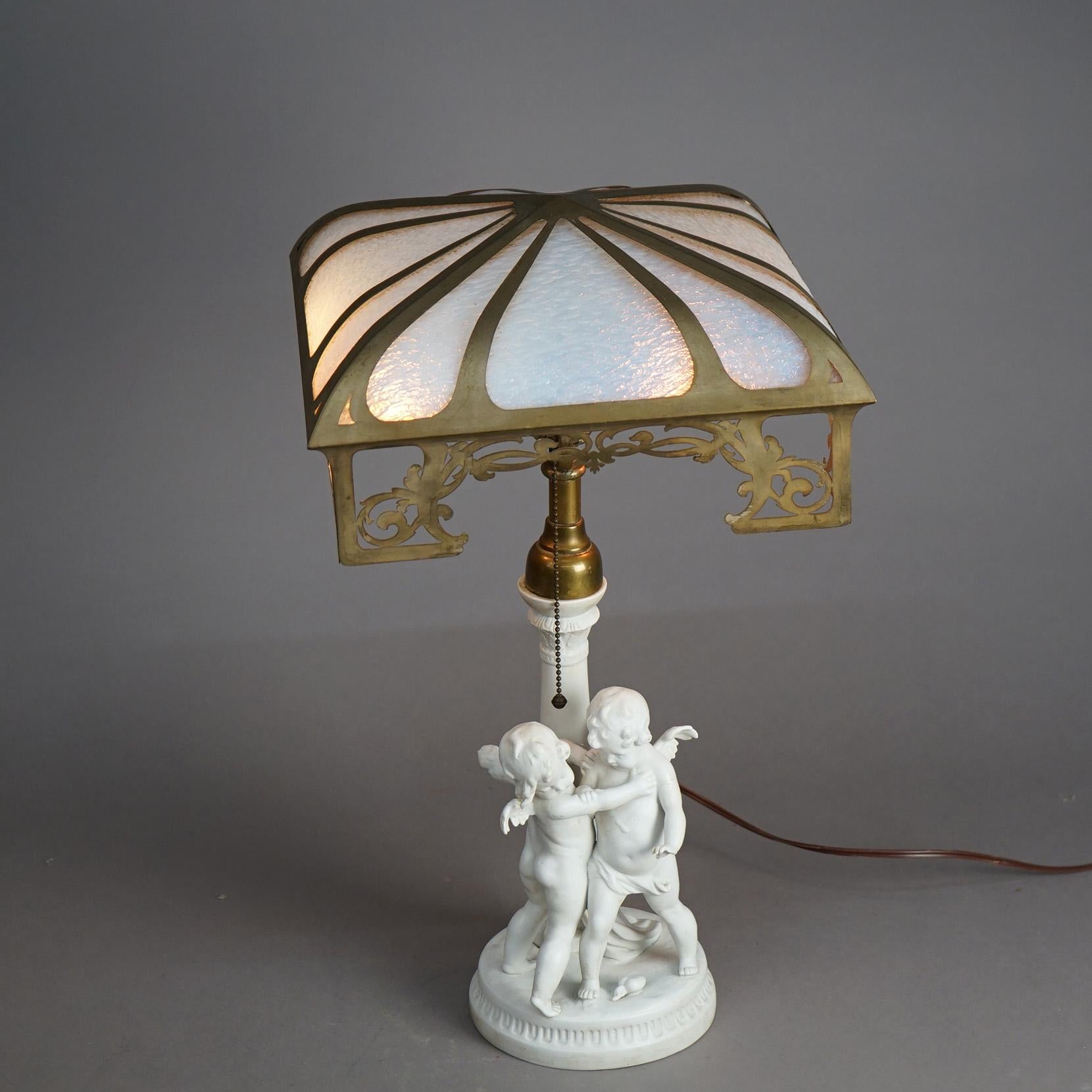 Antique Neoclassical Figural Cherub Parian Porcelain & Slag Glass Lamp C1920 11