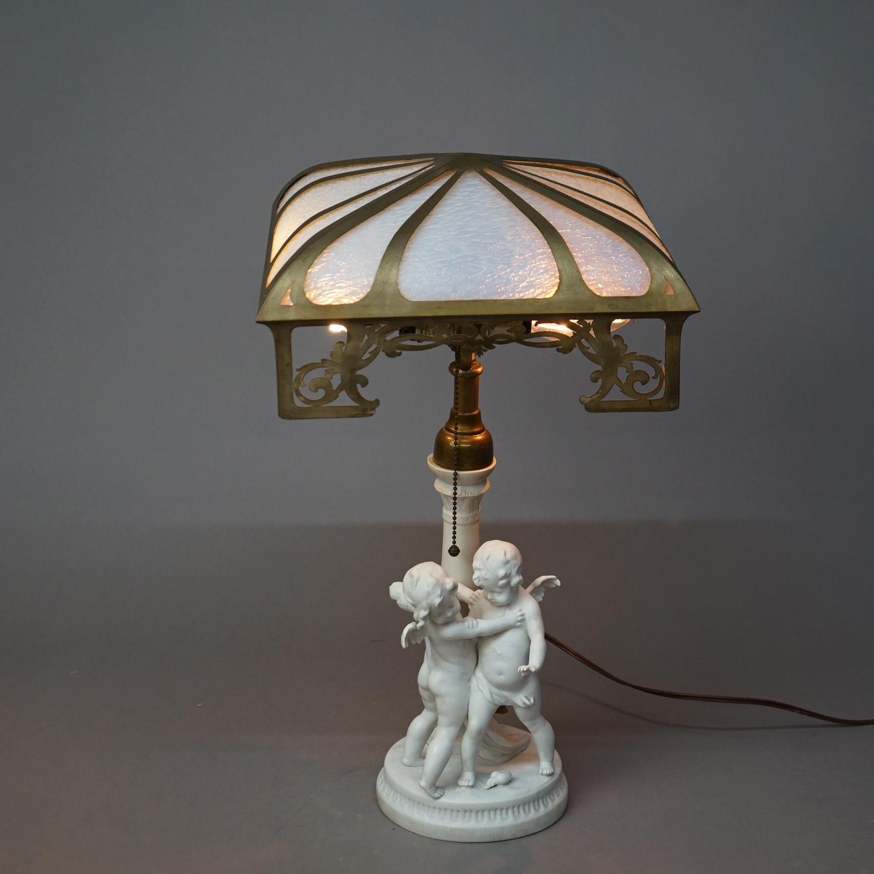 Antique Neoclassical Figural Cherub Parian Porcelain & Slag Glass Lamp C1920 12