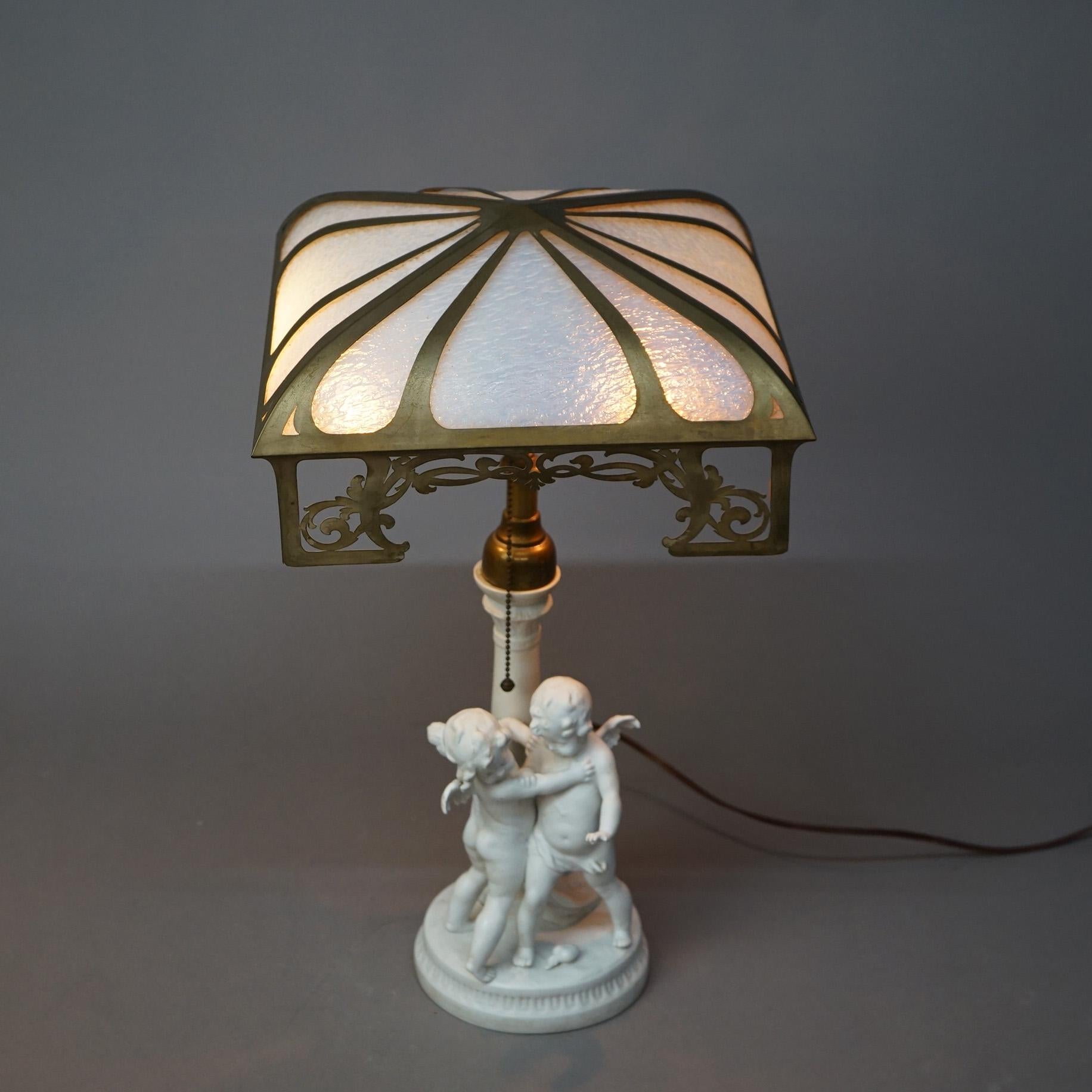 Antique Neoclassical Figural Cherub Parian Porcelain & Slag Glass Lamp C1920 13