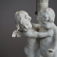 Antique Neoclassical Figural Cherub Parian Porcelain & Slag Glass Lamp C1920