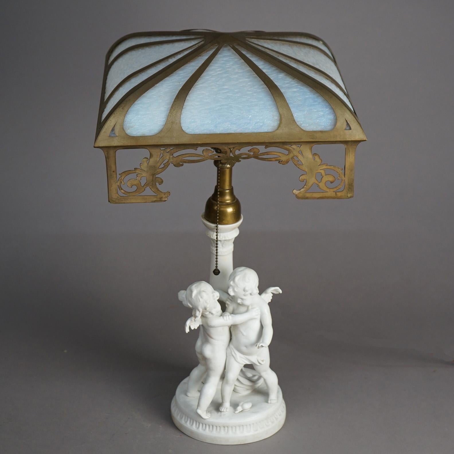 American Antique Neoclassical Figural Cherub Parian Porcelain & Slag Glass Lamp C1920