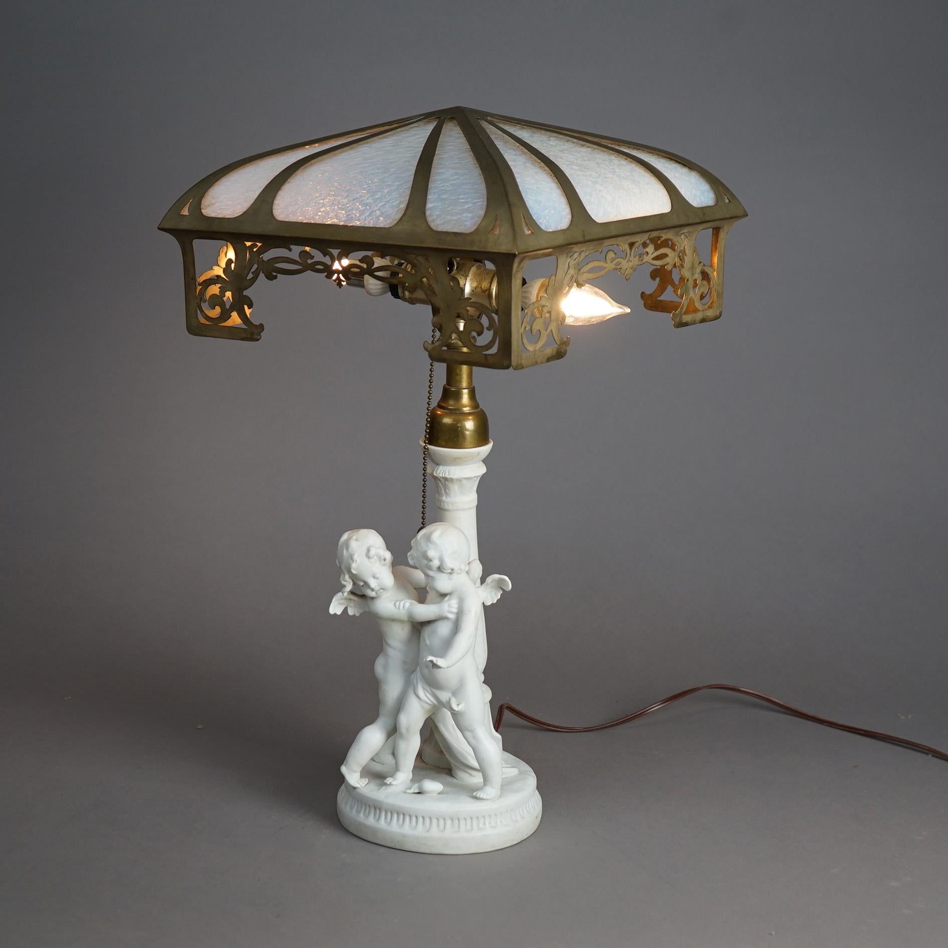 Antique Neoclassical Figural Cherub Parian Porcelain & Slag Glass Lamp C1920 In Good Condition In Big Flats, NY