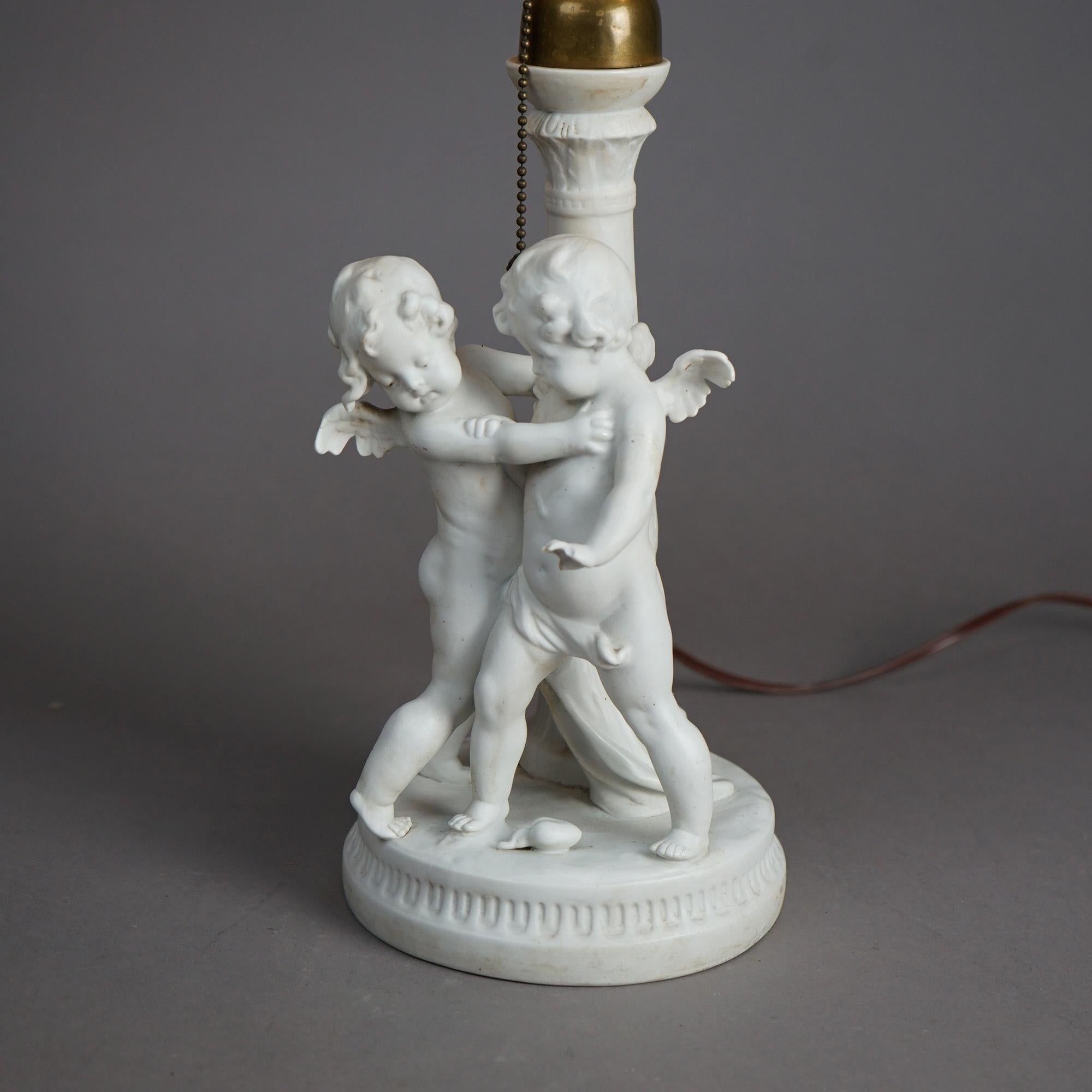 20th Century Antique Neoclassical Figural Cherub Parian Porcelain & Slag Glass Lamp C1920