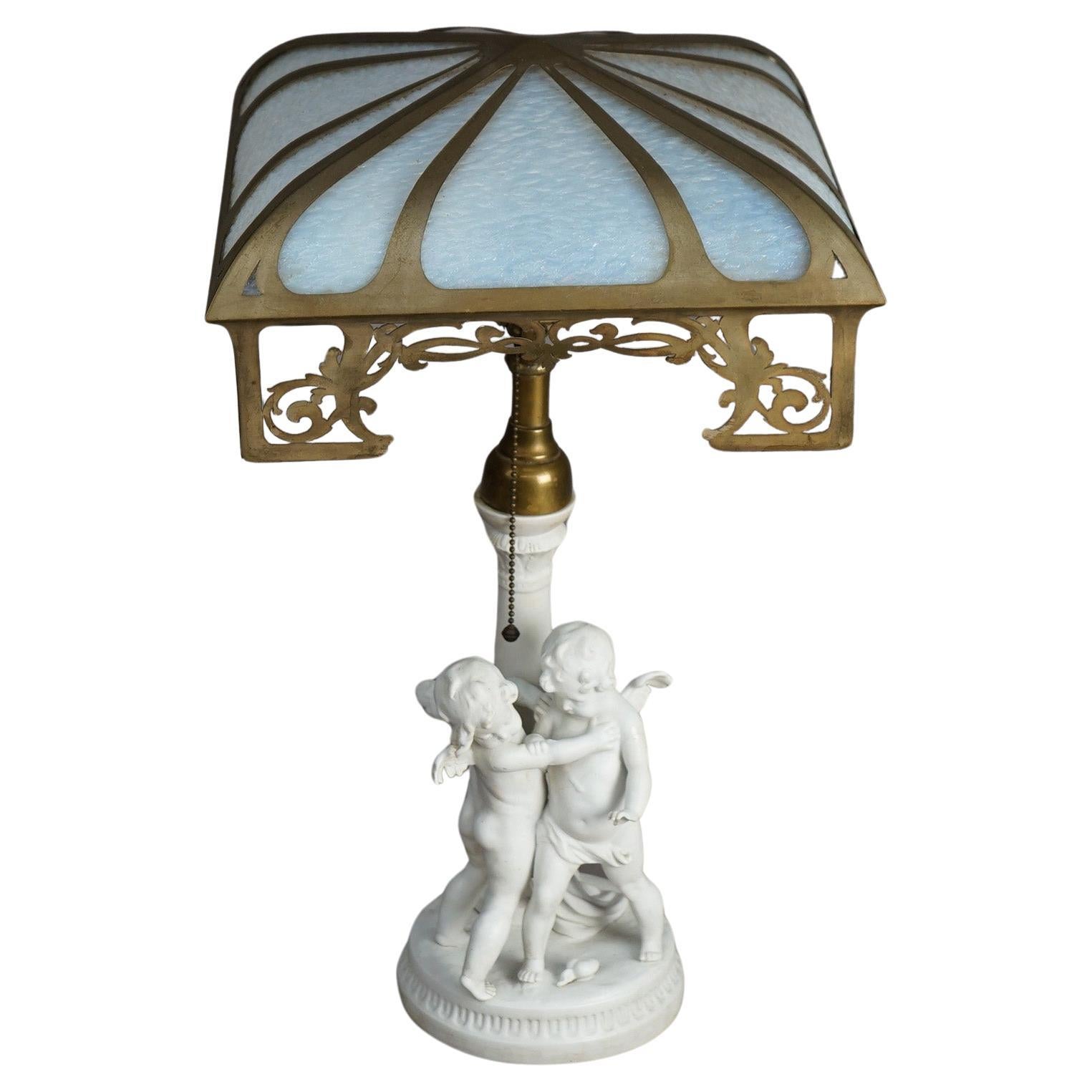 Antique Neoclassical Figural Cherub Parian Porcelain & Slag Glass Lamp C1920