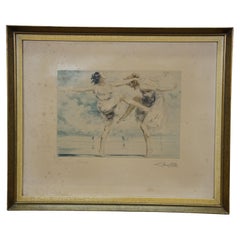 Antique Neoclassical Figures Dancing on the Beach Signed Seascape Etching 20"