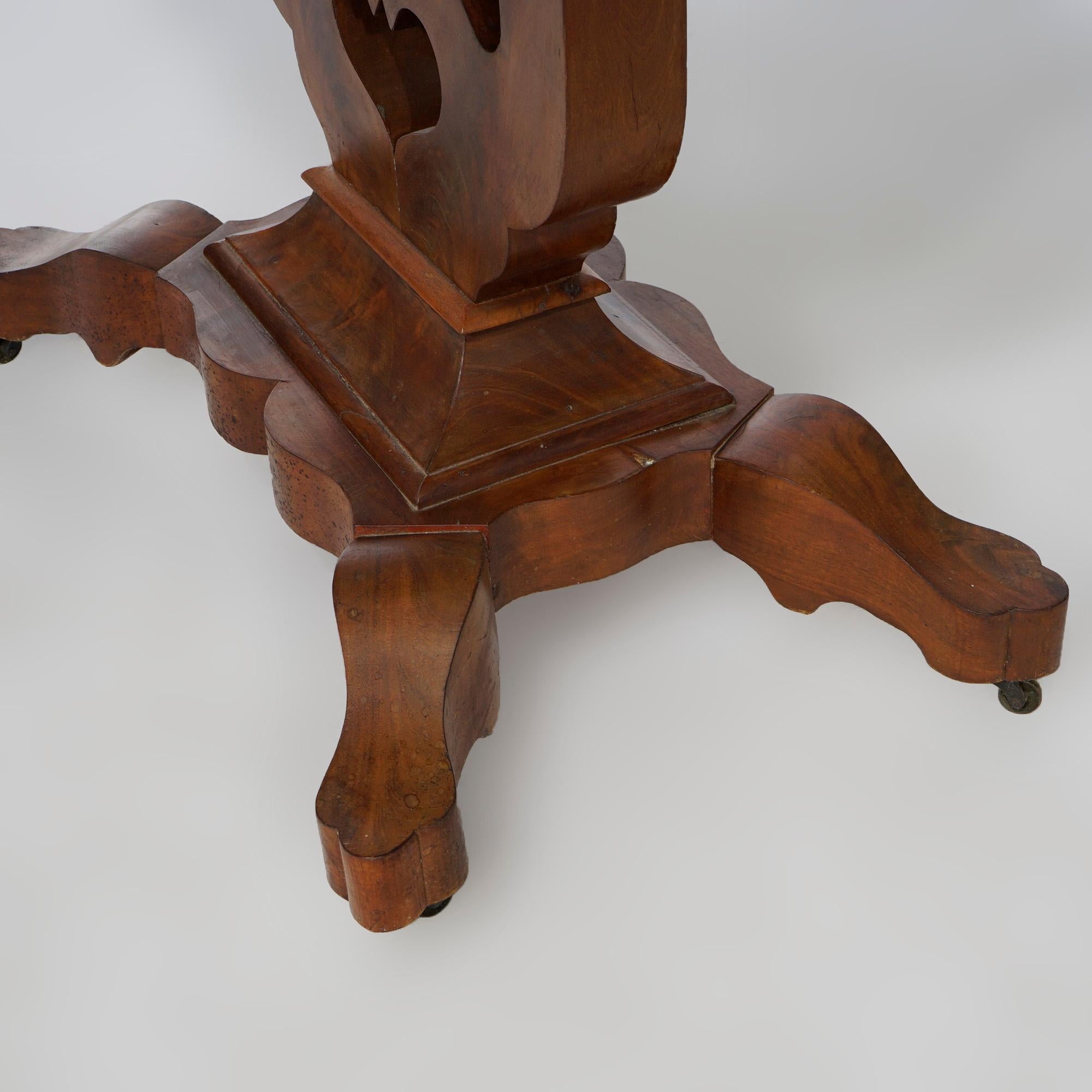 Antique Neoclassical Flame Mahogany & Marble Lyre Turtle Top Parlor Table c1880 For Sale 6