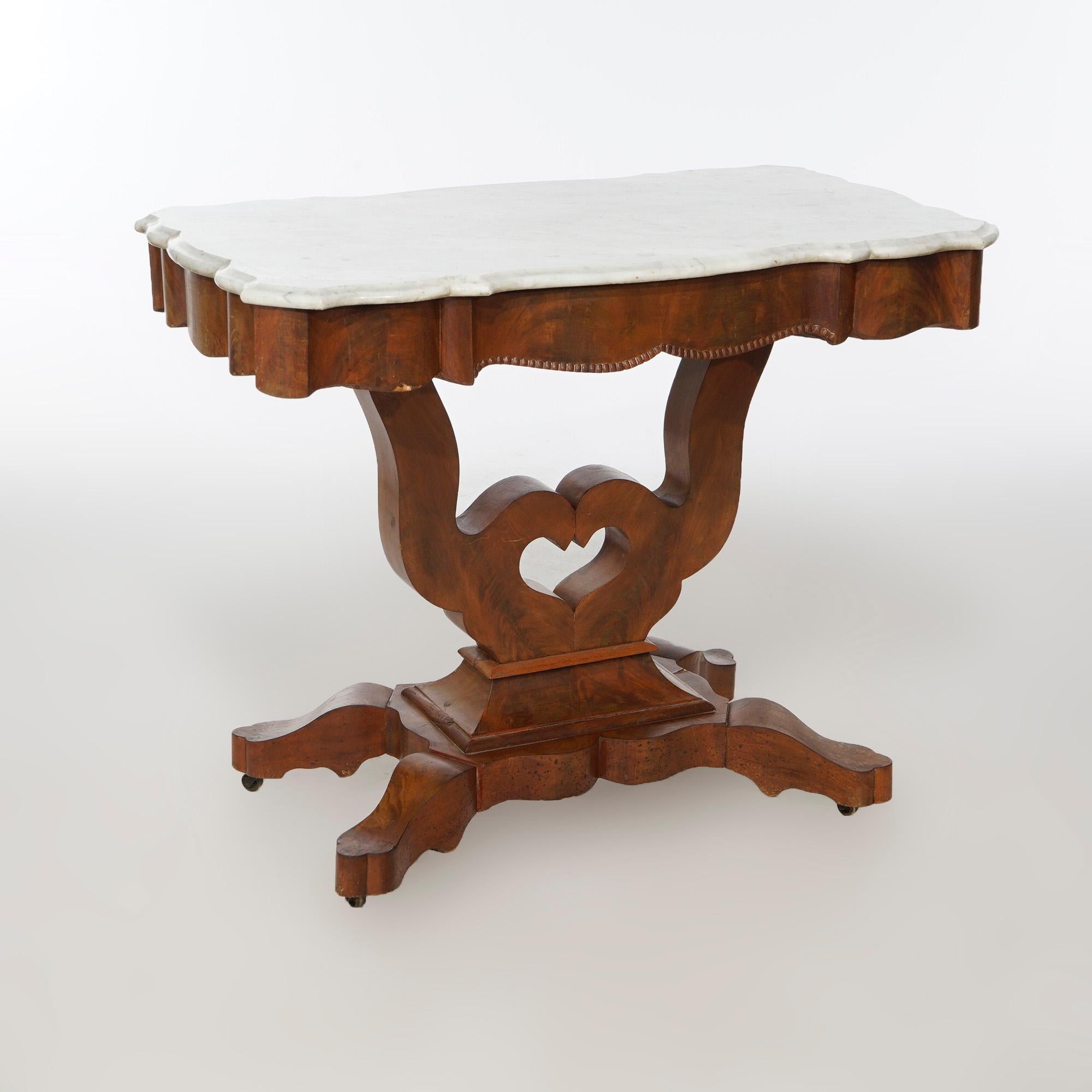 American Empire Antique Neoclassical Flame Mahogany & Marble Lyre Turtle Top Parlor Table c1880