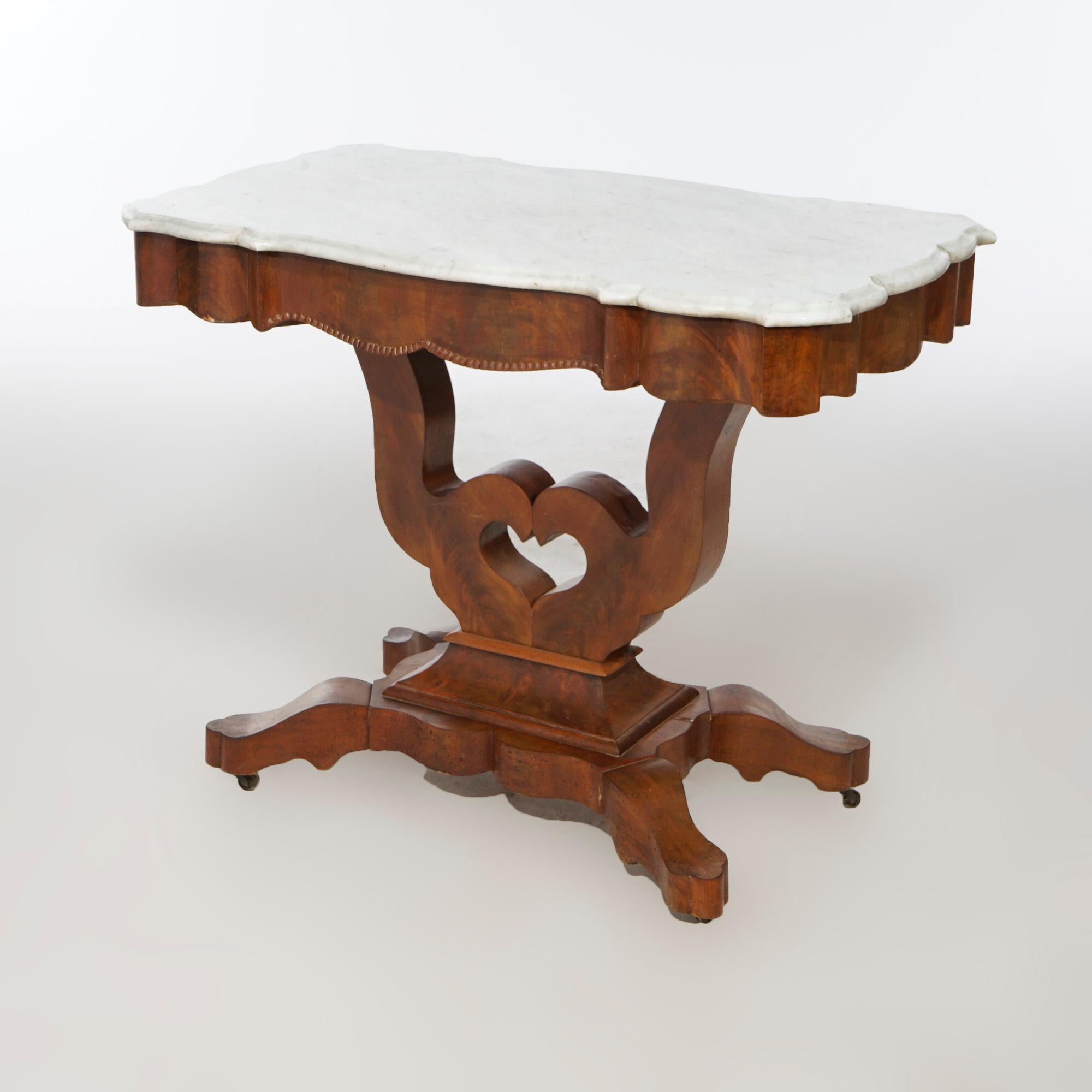 American Antique Neoclassical Flame Mahogany & Marble Lyre Turtle Top Parlor Table c1880 For Sale