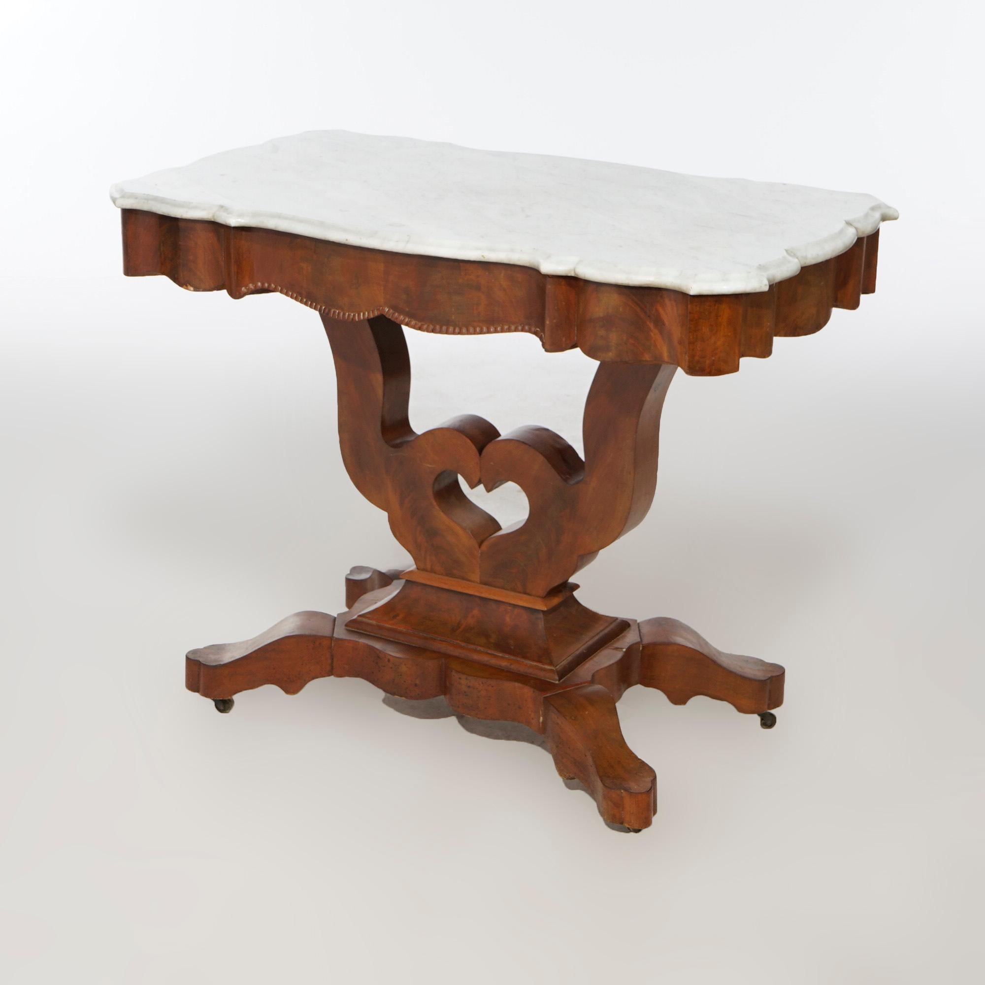 American Antique Neoclassical Flame Mahogany & Marble Lyre Turtle Top Parlor Table c1880