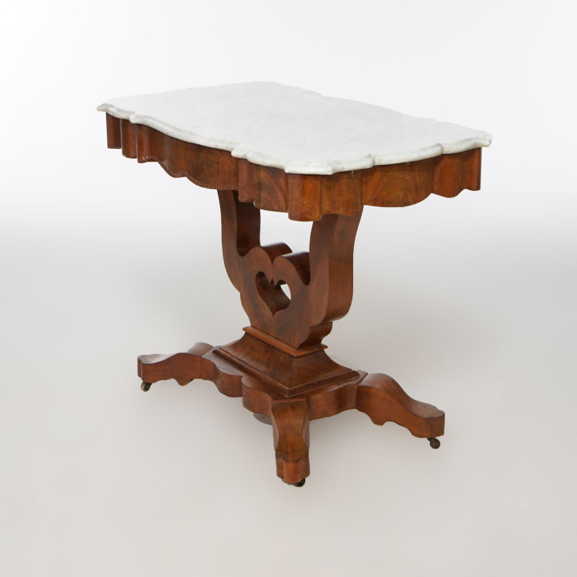 Antique Neoclassical Flame Mahogany & Marble Lyre Turtle Top Parlor Table c1880 In Good Condition For Sale In Big Flats, NY