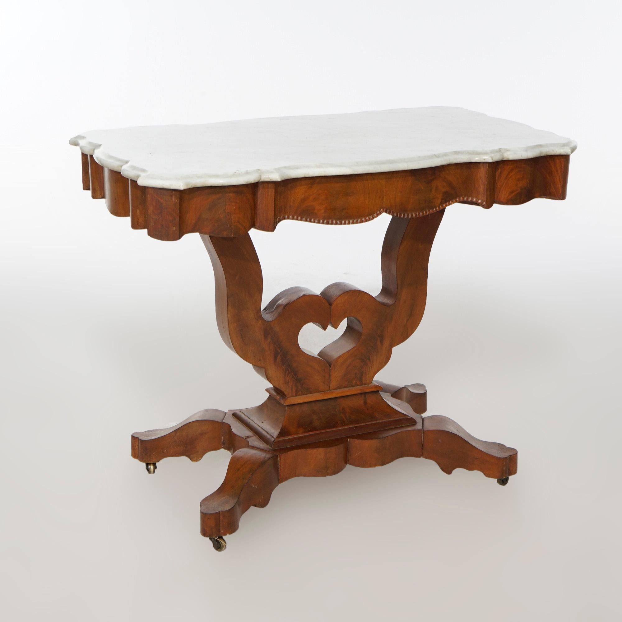 19th Century Antique Neoclassical Flame Mahogany & Marble Lyre Turtle Top Parlor Table c1880 For Sale