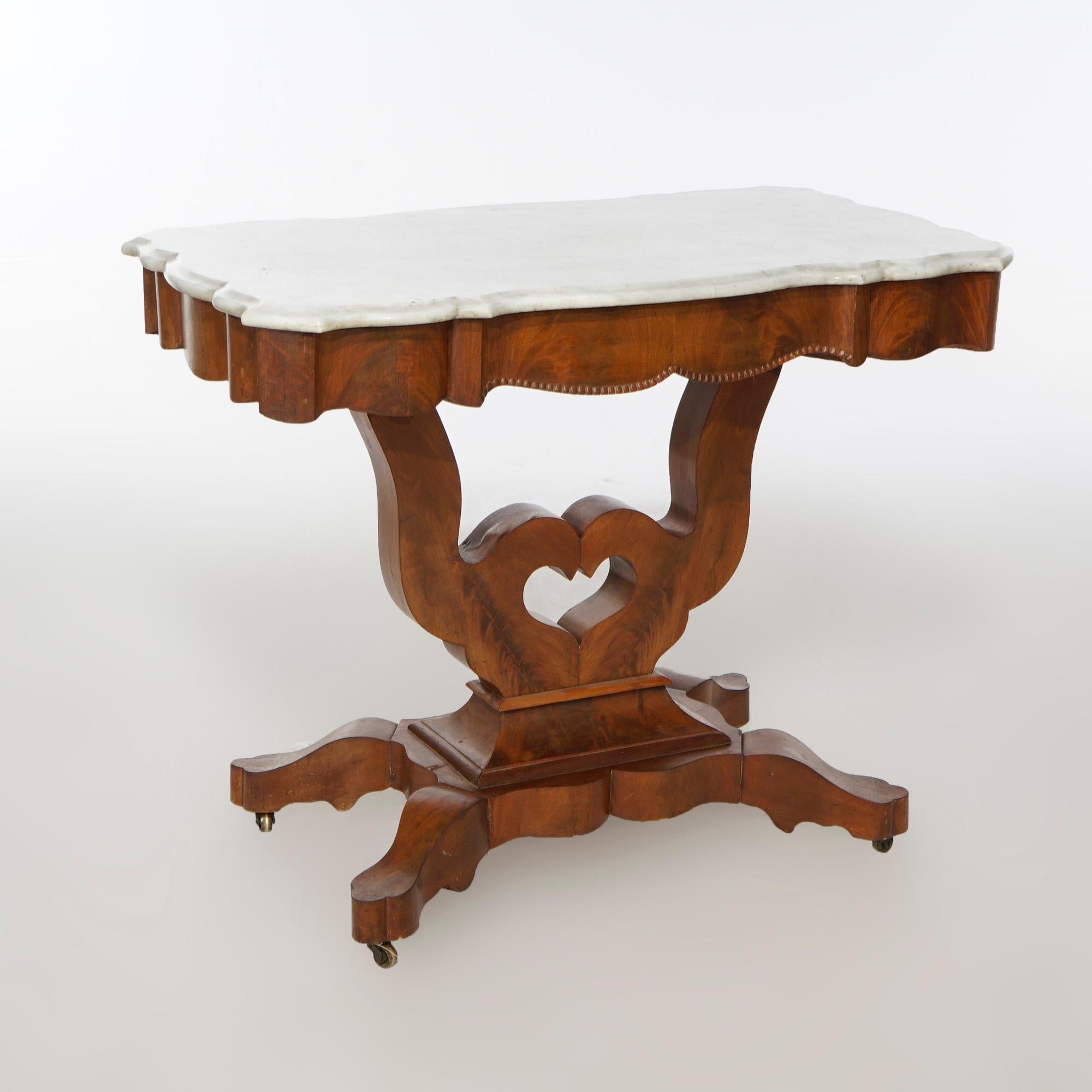 19th Century Antique Neoclassical Flame Mahogany & Marble Lyre Turtle Top Parlor Table c1880