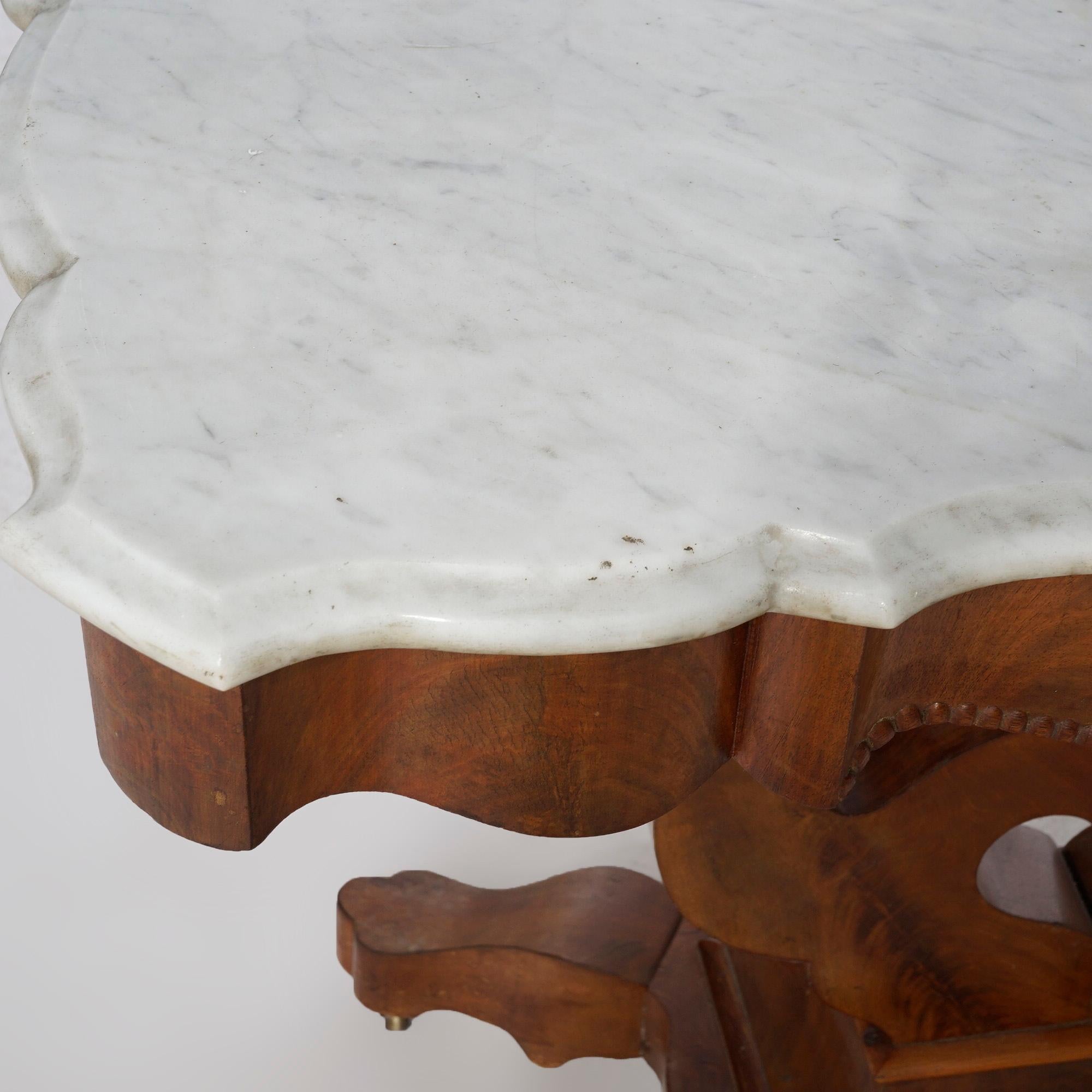Antique Neoclassical Flame Mahogany & Marble Lyre Turtle Top Parlor Table c1880 For Sale 1