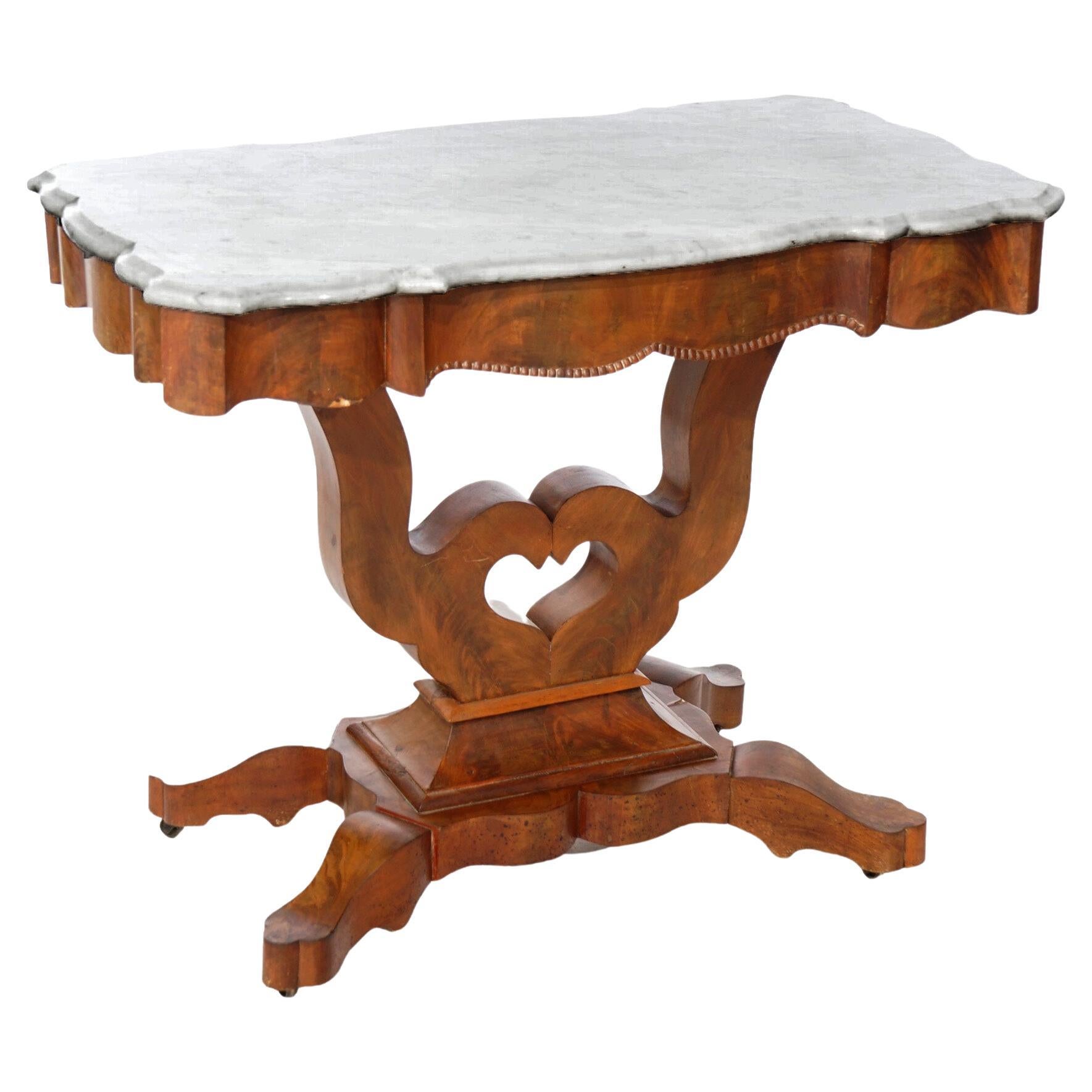Antique Neoclassical Flame Mahogany & Marble Lyre Turtle Top Parlor Table c1880 For Sale