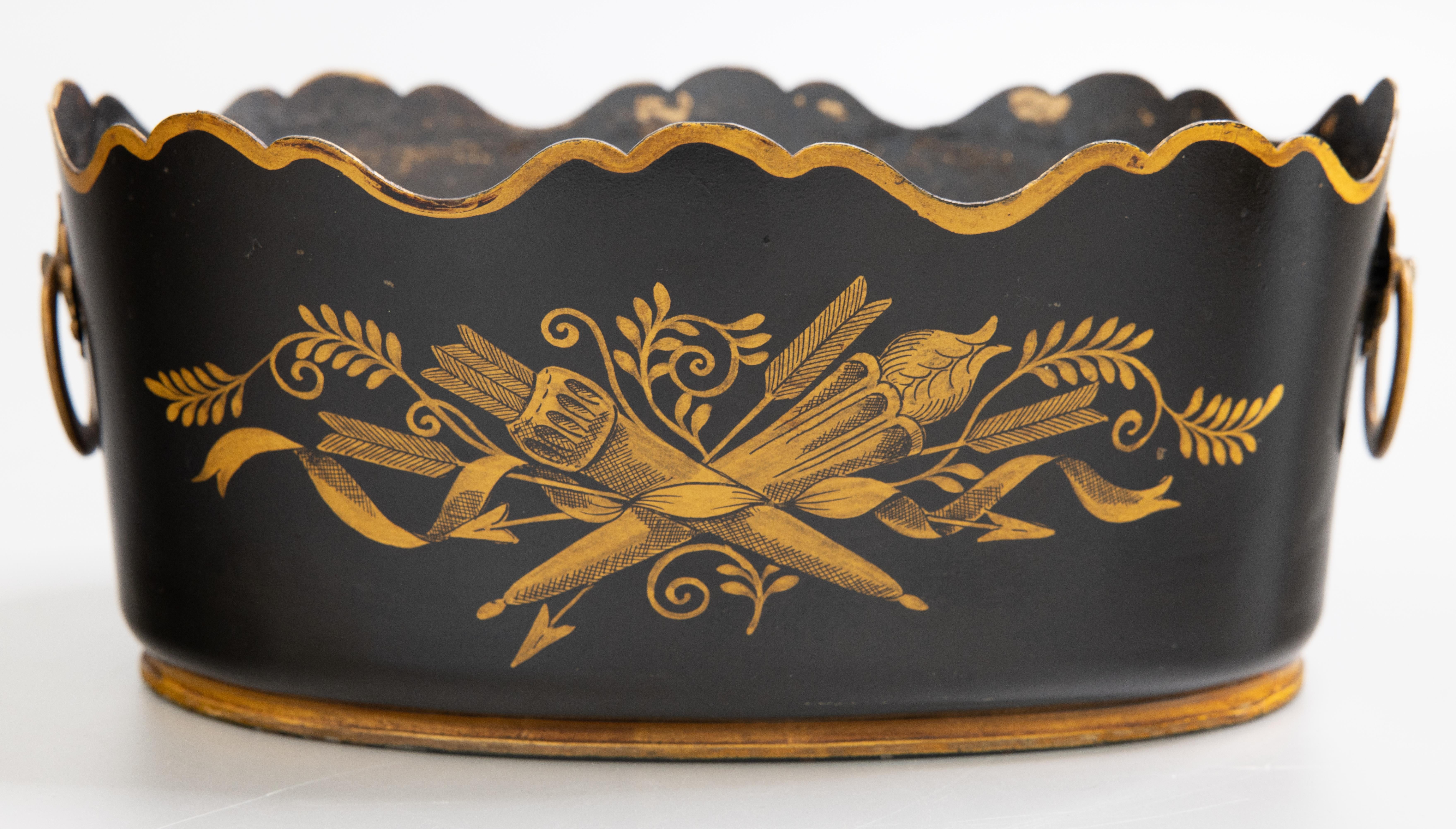Hand-Painted Antique Neoclassical French Black and Gilt Tole Jardiniere Cache Pot