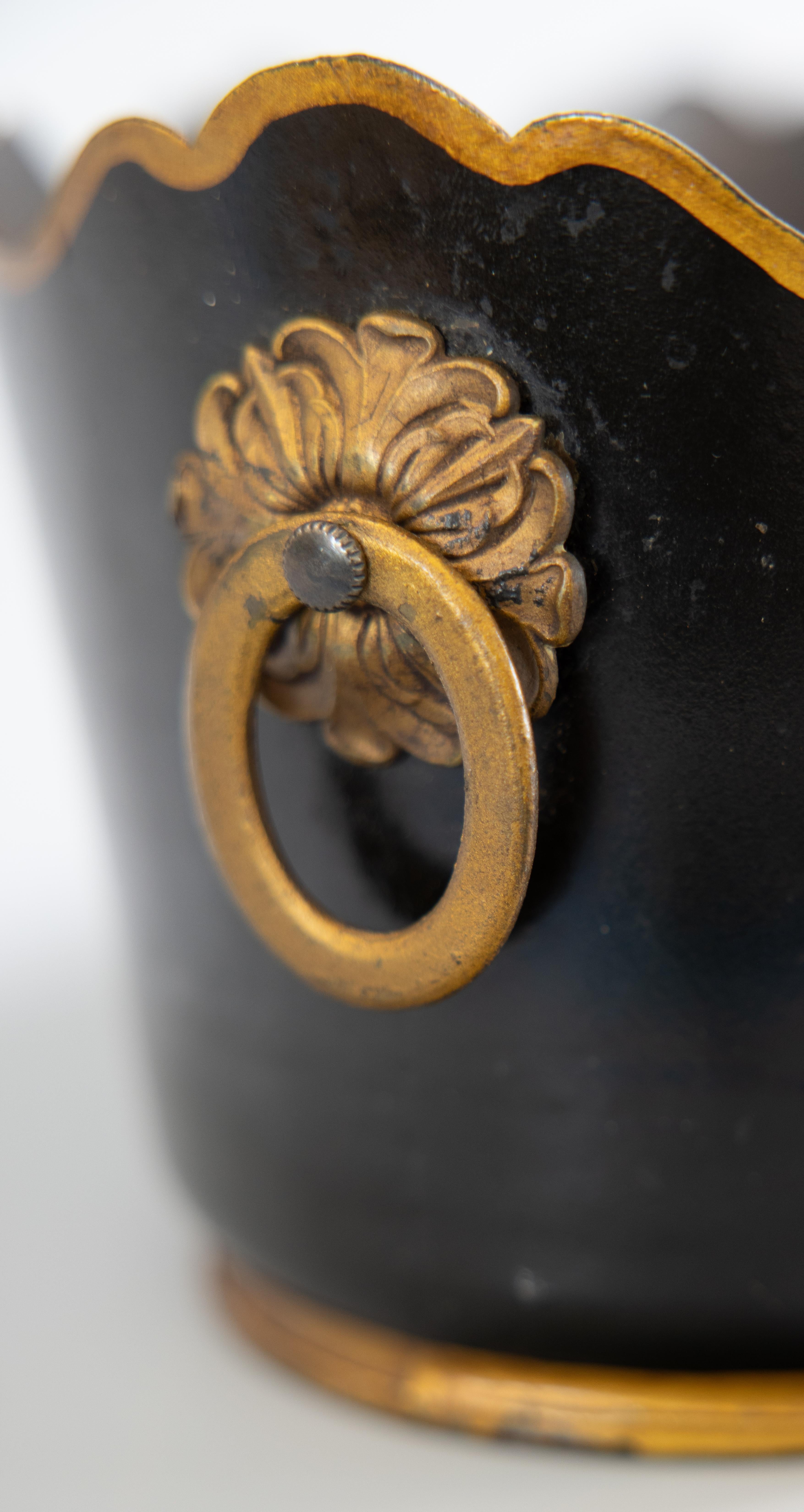 20th Century Antique Neoclassical French Black and Gilt Tole Jardiniere Cache Pot