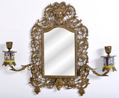 Antique Neoclassical French Brass Enamel Wall Mirror with Candle Sconces, 1890