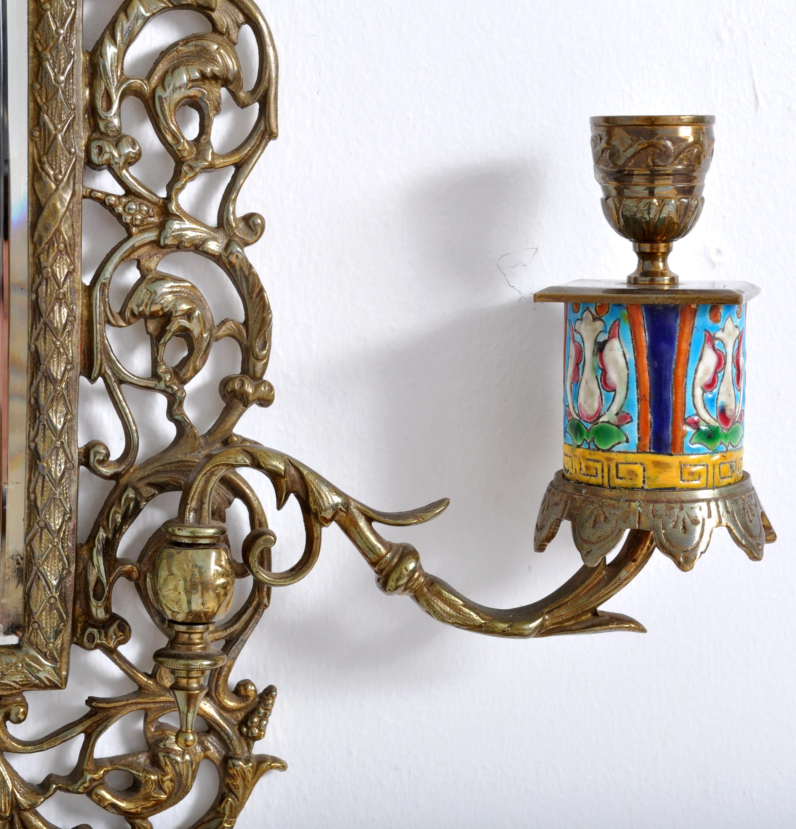 Antique Neoclassical French Brass Enamel Wall Mirror with Candle Sconces, 1890 In Good Condition In Portland, OR