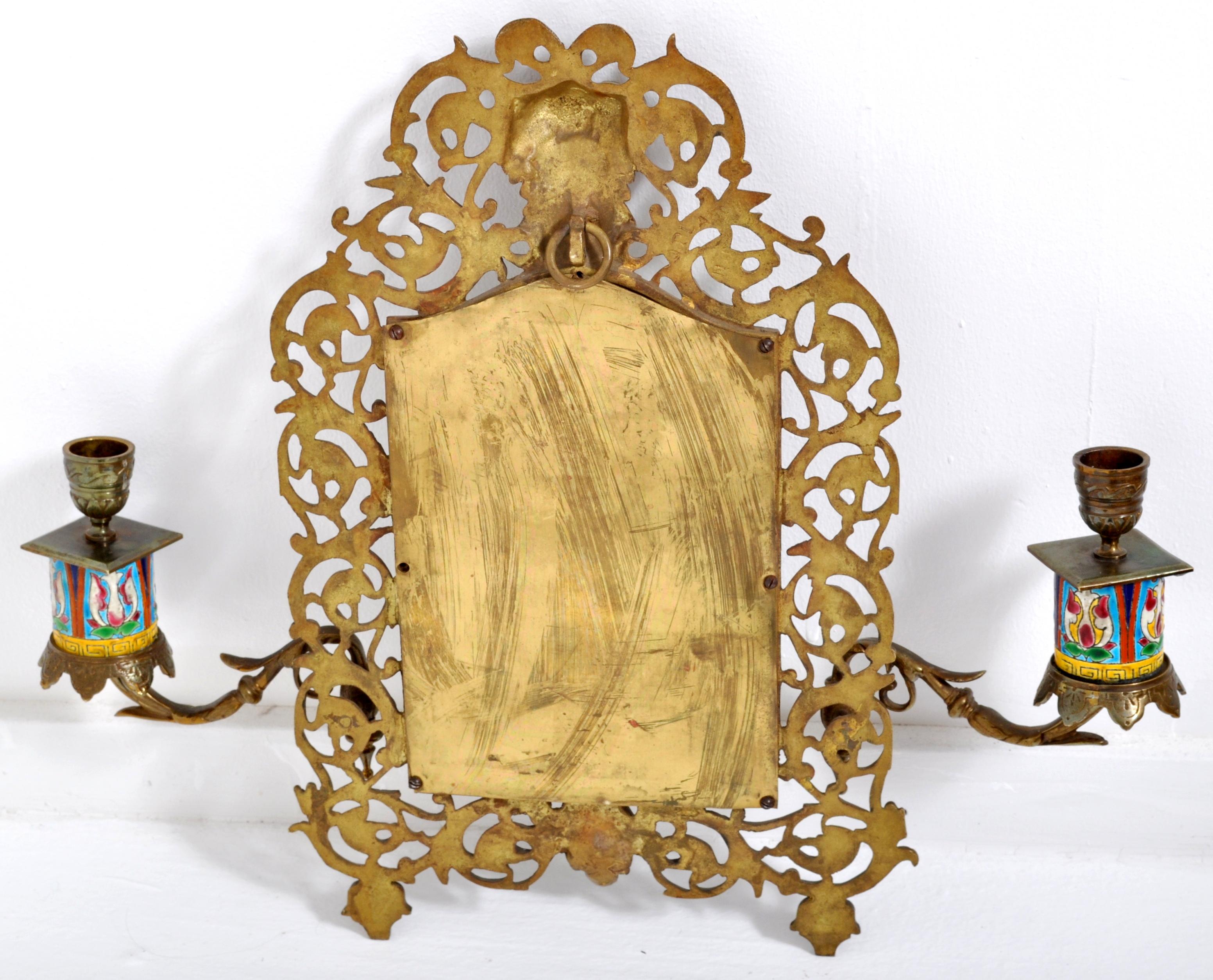 Late 19th Century Antique Neoclassical French Brass Enamel Wall Mirror with Candle Sconces, 1890
