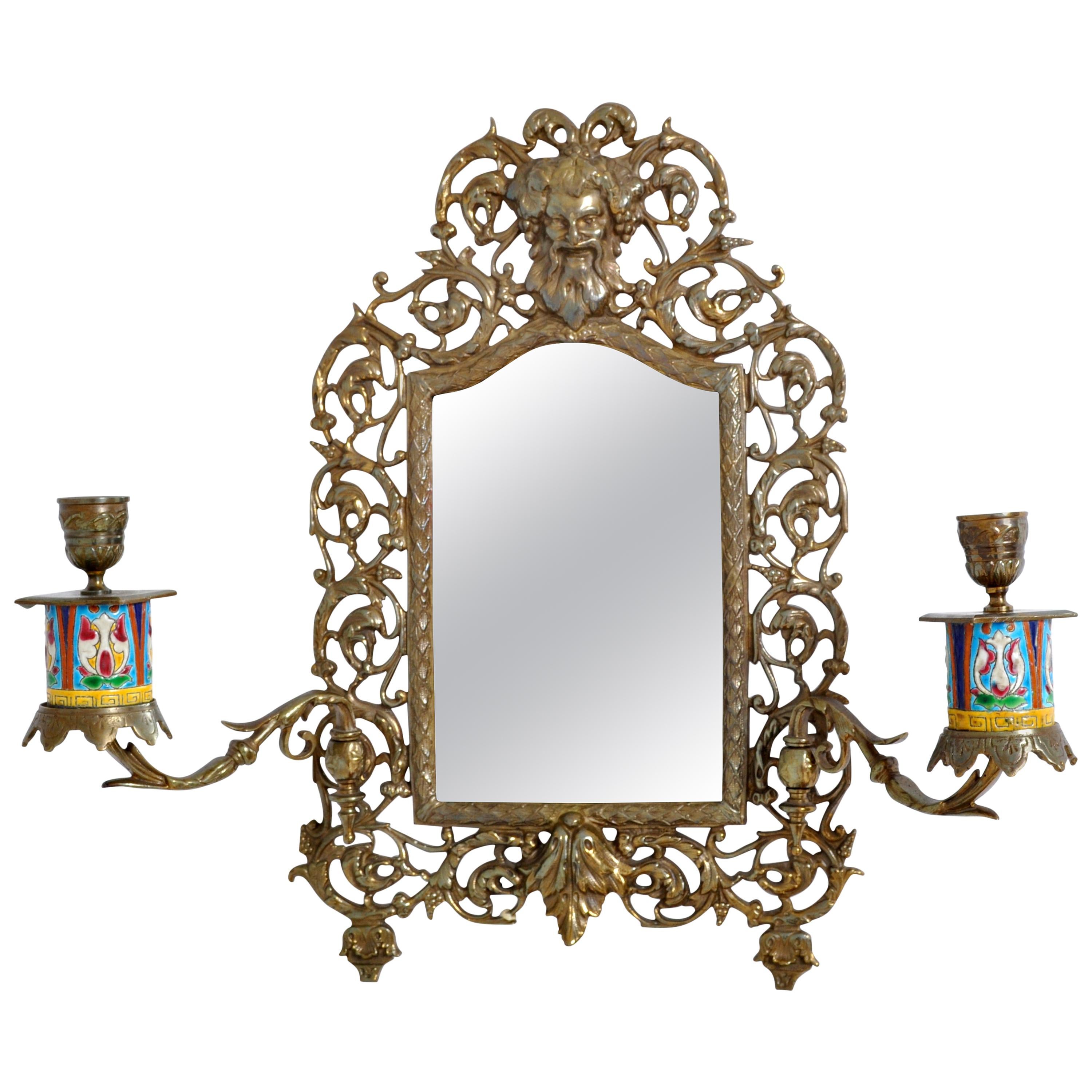 Antique Neoclassical French Brass Enamel Wall Mirror with Candle Sconces, 1890