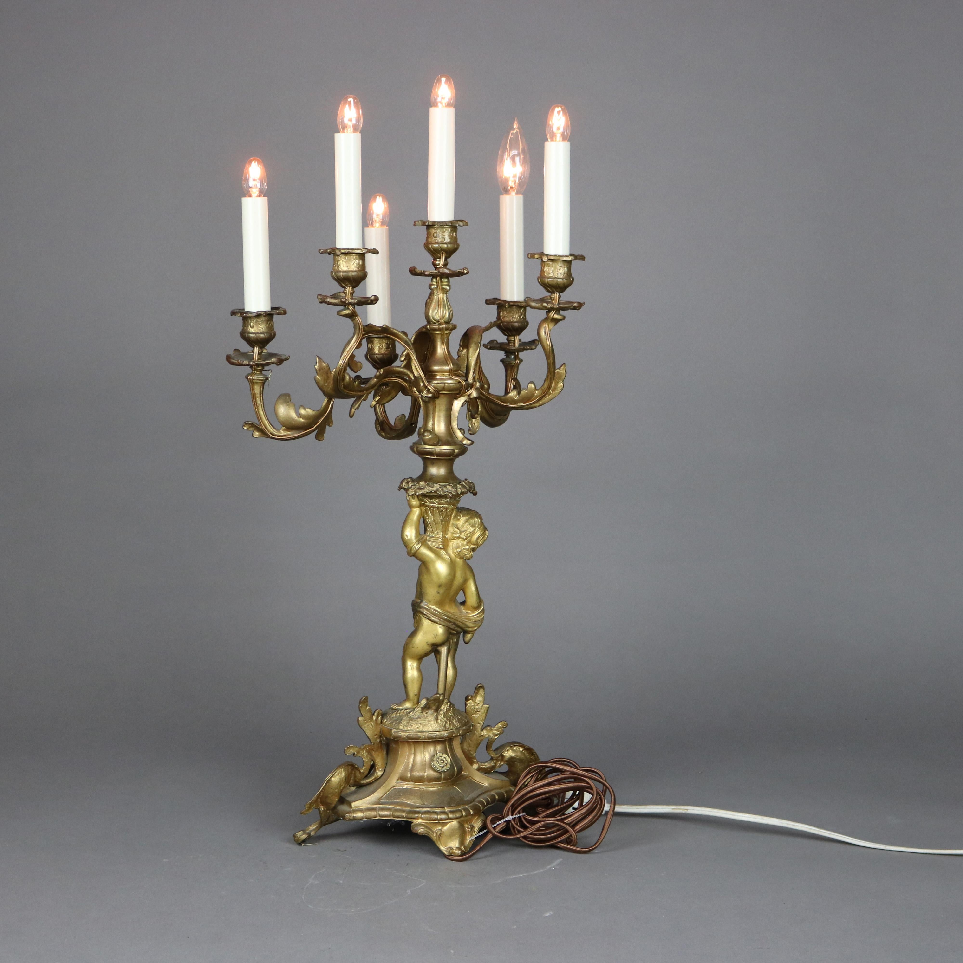 Antique Neoclassical French Figural Cherub & Floral Five Light Candelabra Lamp 3