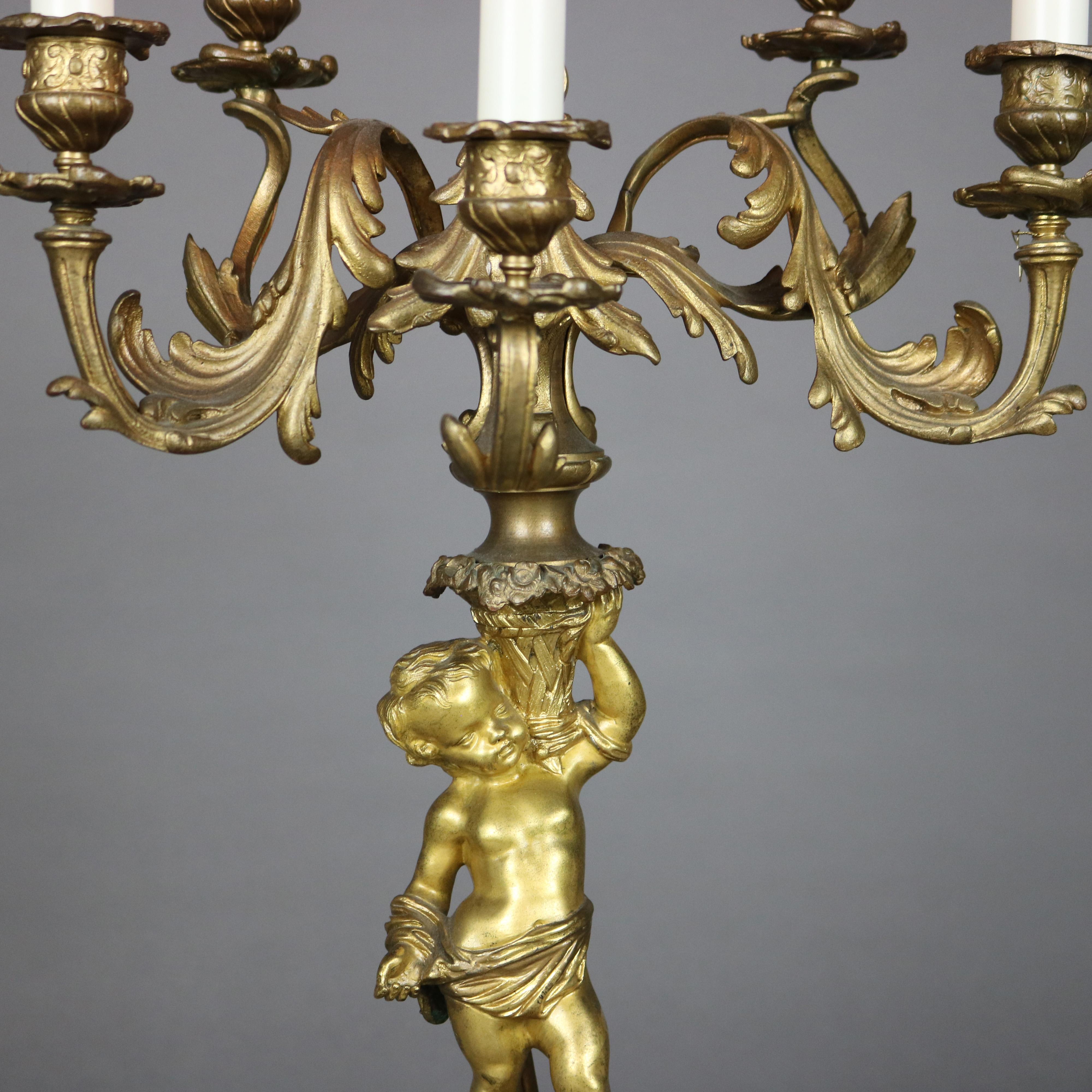 American Antique Neoclassical French Figural Cherub & Floral Five Light Candelabra Lamp