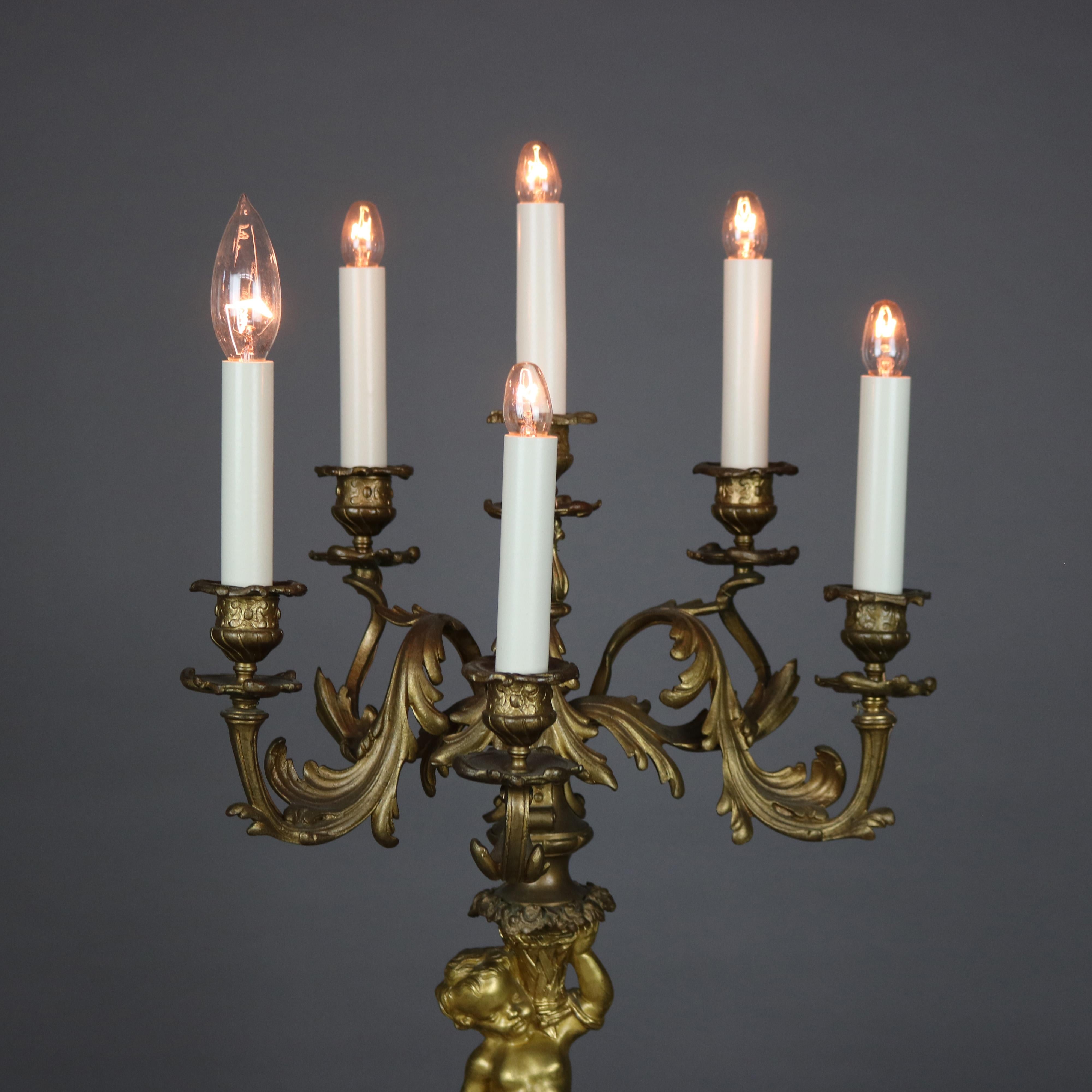 19th Century Antique Neoclassical French Figural Cherub & Floral Five Light Candelabra Lamp