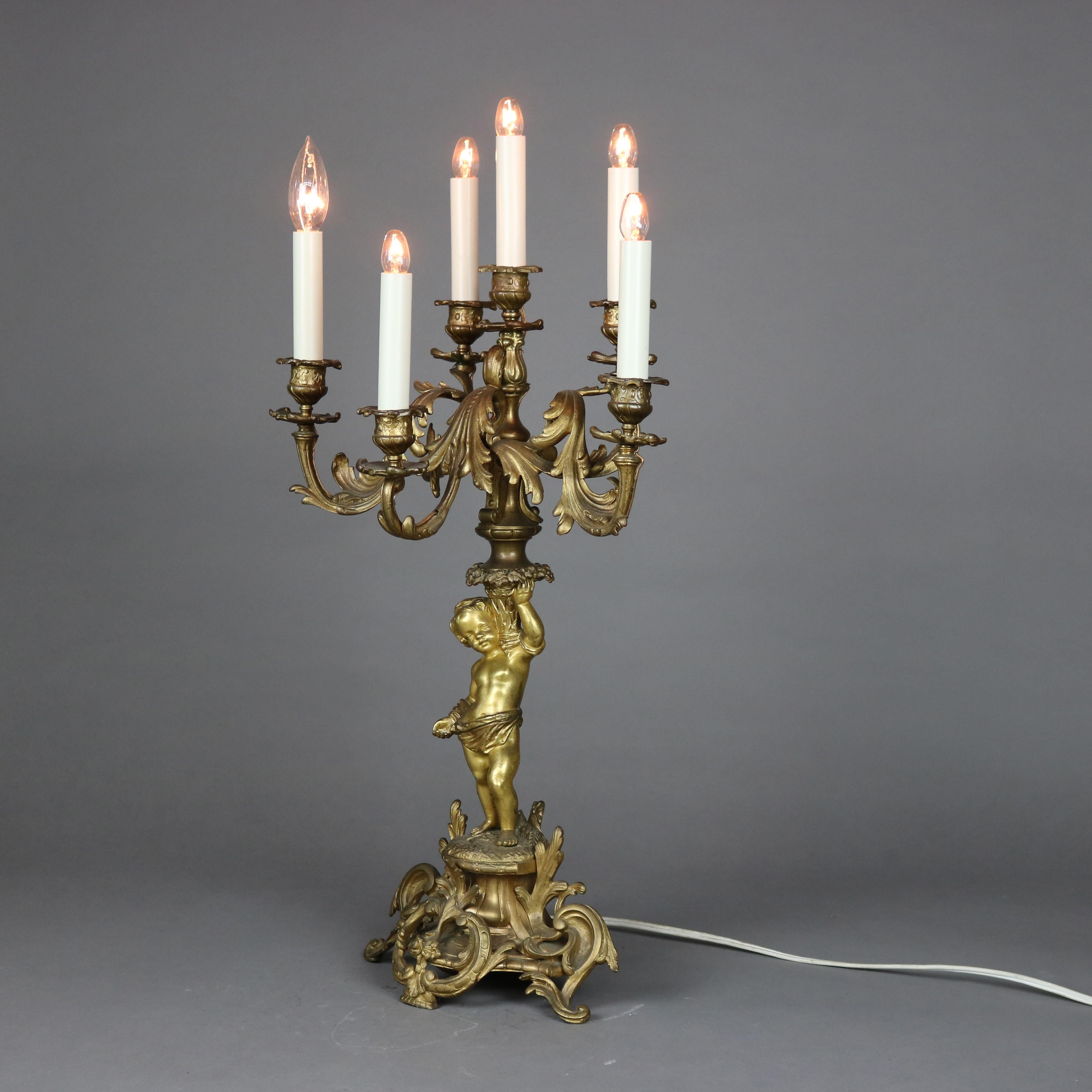Metal Antique Neoclassical French Figural Cherub & Floral Five Light Candelabra Lamp