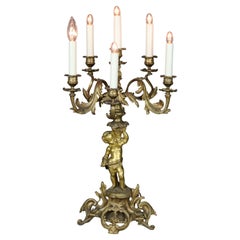 Antique Neoclassical French Figural Cherub & Floral Five Light Candelabra Lamp