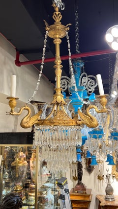 Antique Neoclassical Gilt Bronze and Crystal Chandelier with Swans