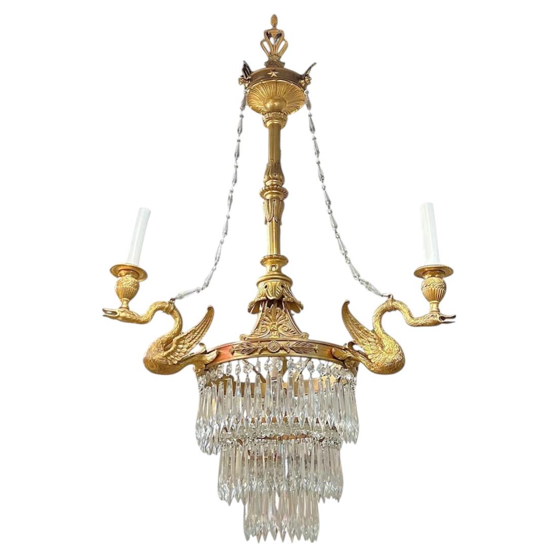 Antique Neoclassical Gilt Bronze and Crystal Chandelier with Swans For Sale