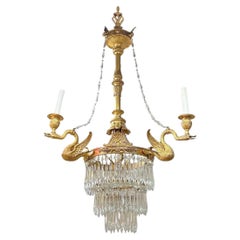Antique Neoclassical Gilt Bronze and Crystal Chandelier with Swans