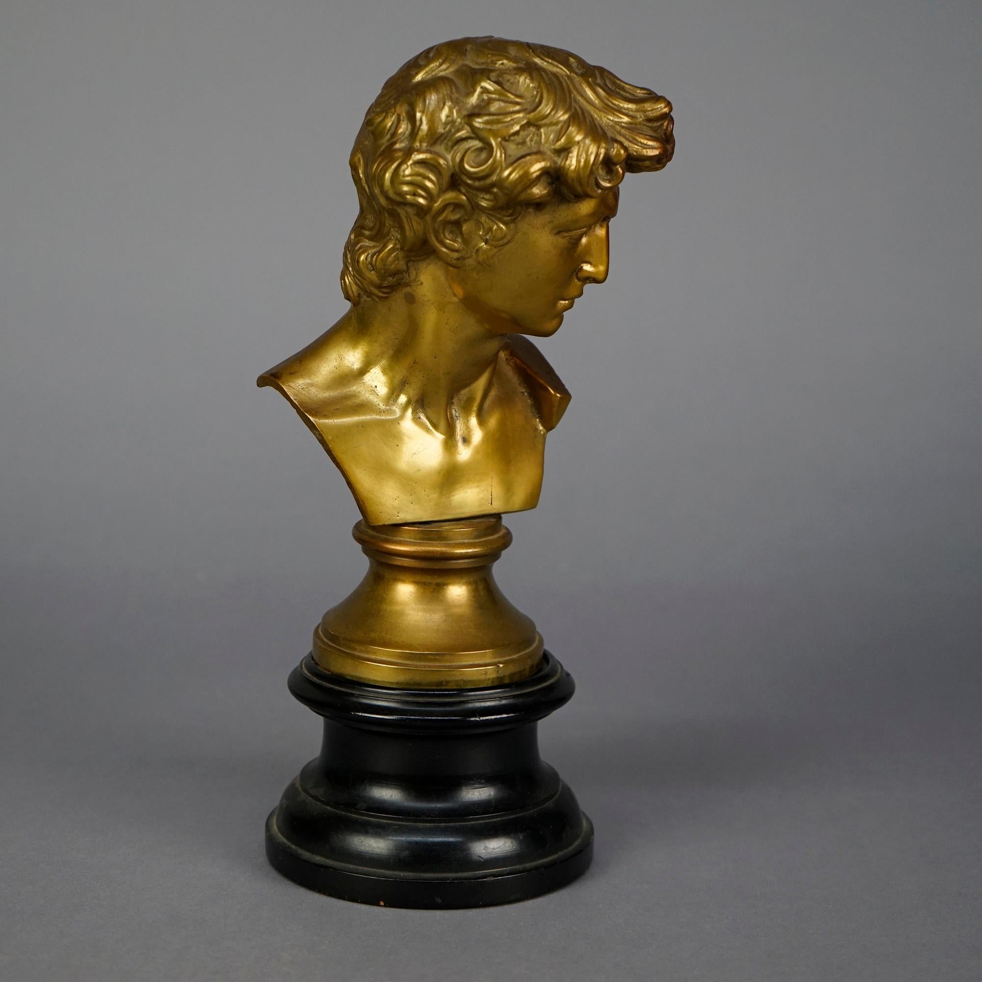 Antique Neoclassical Gilt Bronze Bust Sculpture of a Classical Man, 19th C In Good Condition For Sale In Big Flats, NY
