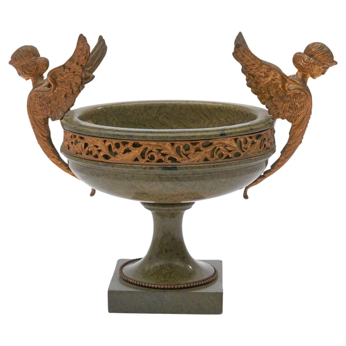 Bol de centre de table néoclassique ancien monté sur bronze doré et marbre vert en vente