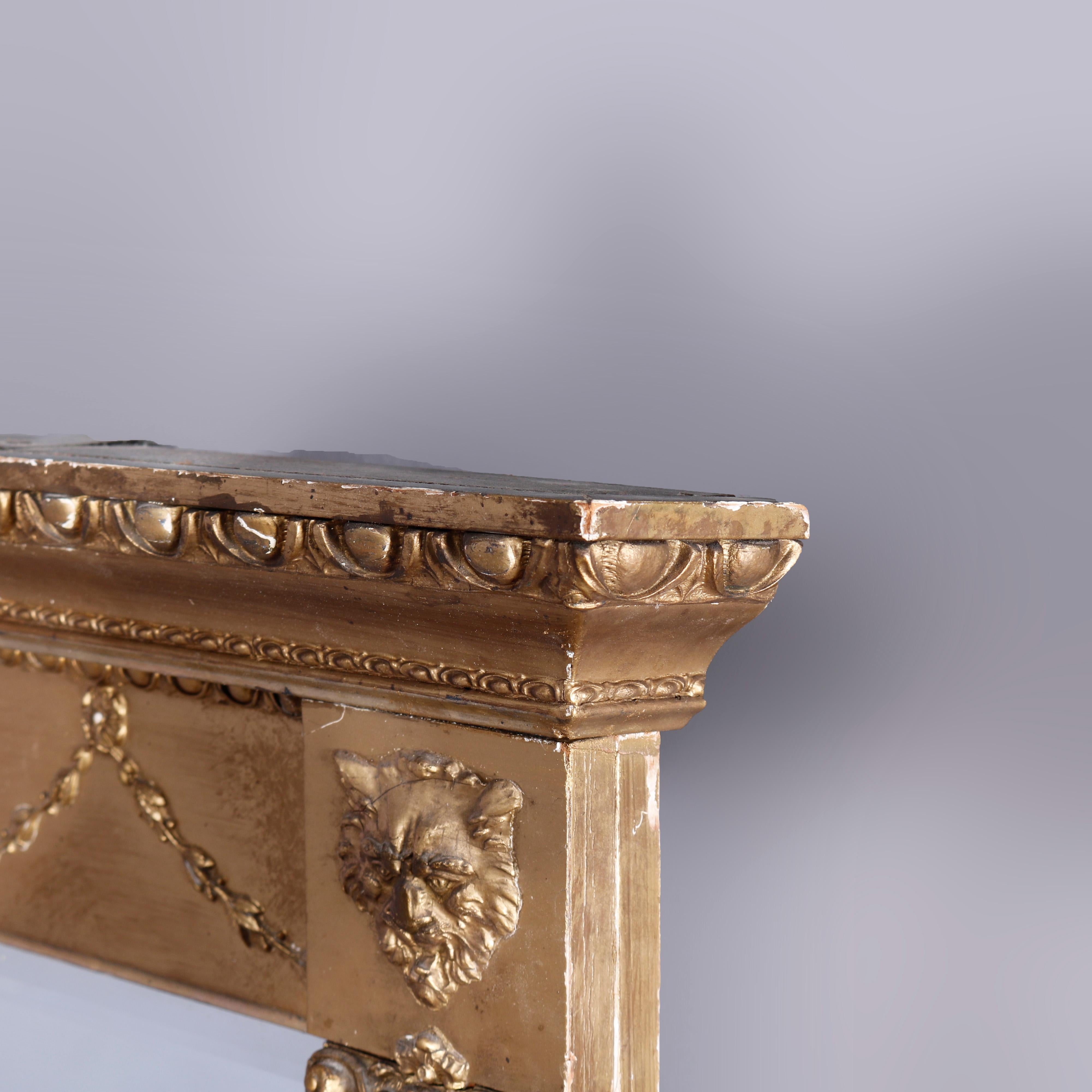 Antique Neoclassical Giltwood Wall Mirror, Drape, Foliate & Lion Elements c1890 5