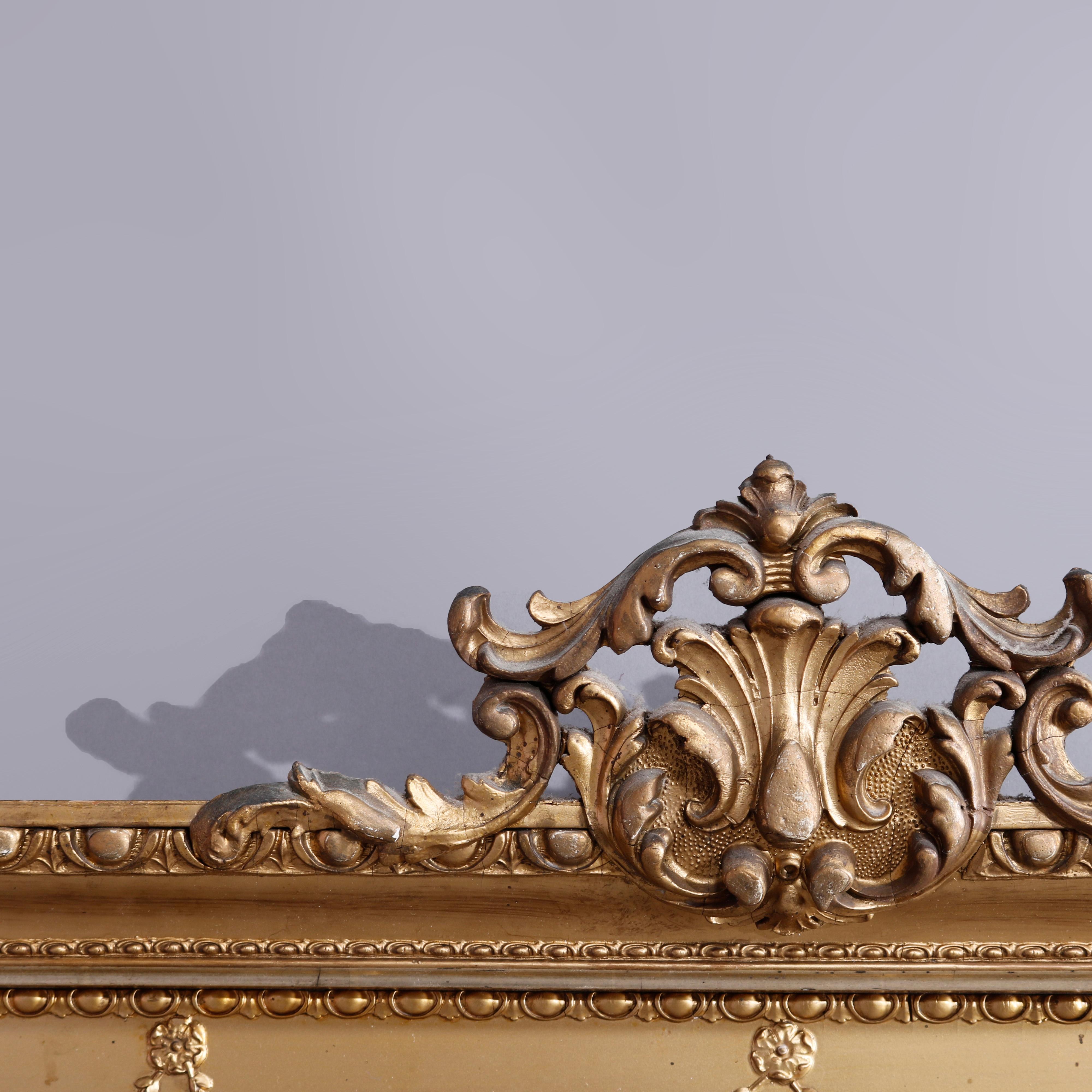 European Antique Neoclassical Giltwood Wall Mirror, Drape, Foliate & Lion Elements c1890