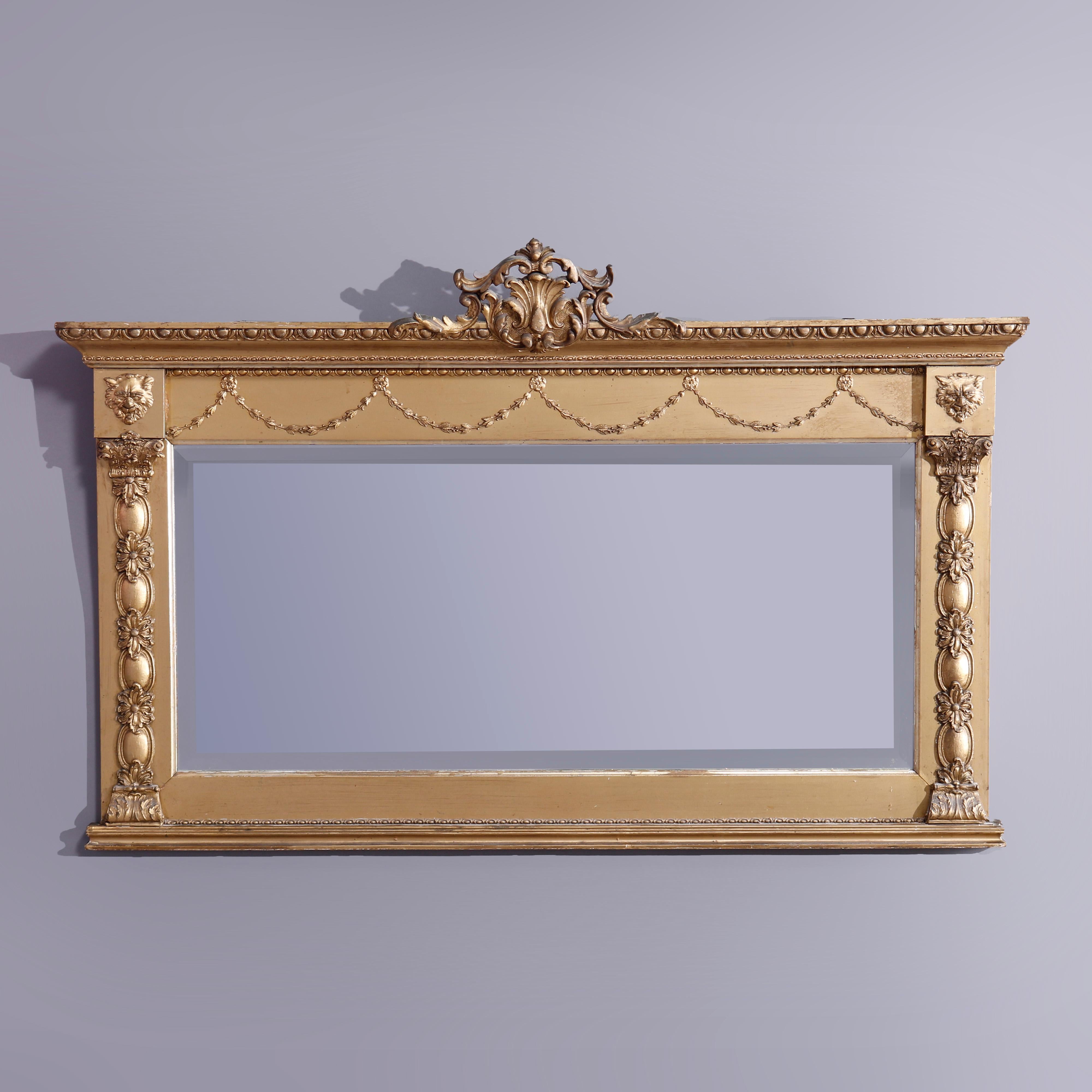 Antique Neoclassical Giltwood Wall Mirror, Drape, Foliate & Lion Elements c1890 In Good Condition In Big Flats, NY