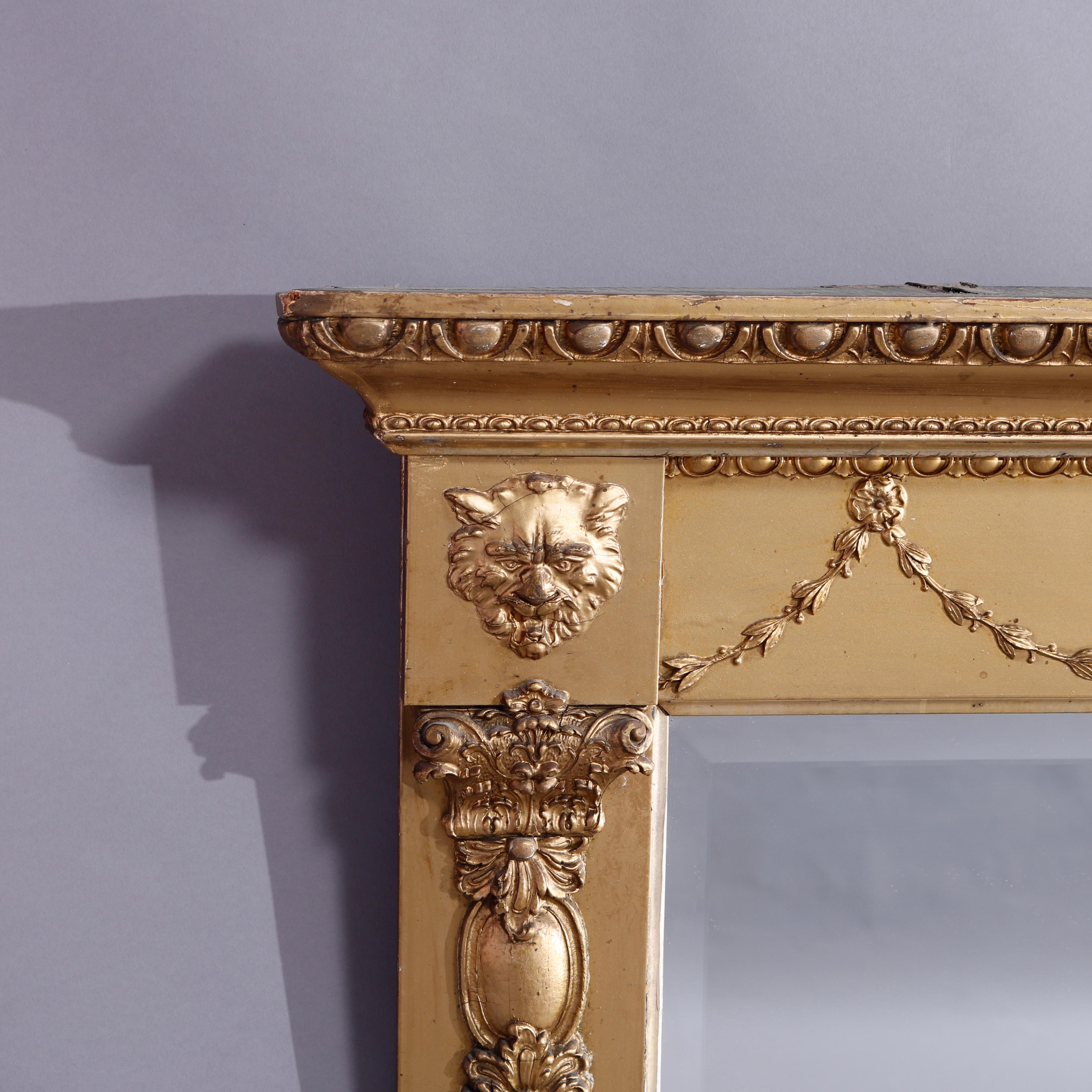 19th Century Antique Neoclassical Giltwood Wall Mirror, Drape, Foliate & Lion Elements c1890