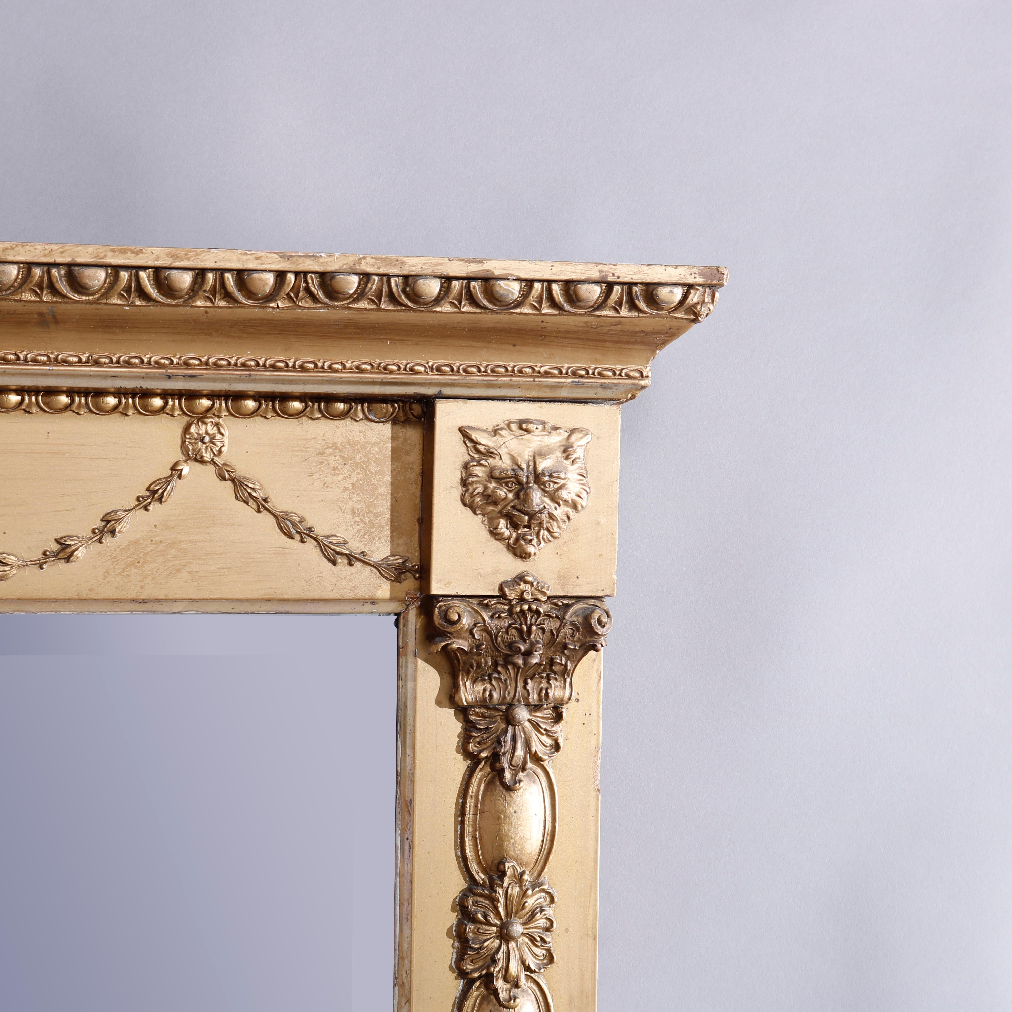 Antique Neoclassical Giltwood Wall Mirror, Drape, Foliate & Lion Elements c1890 1