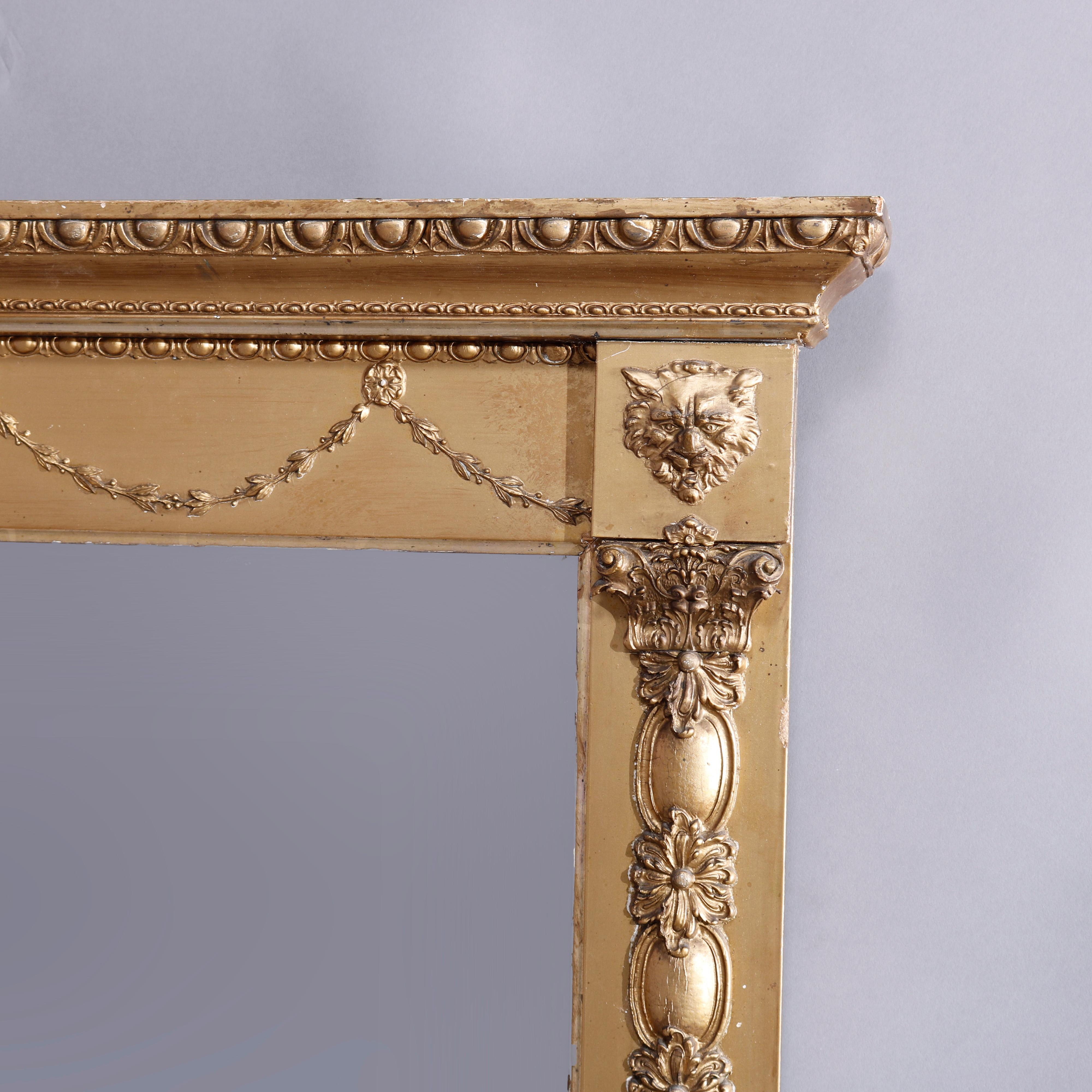 Antique Neoclassical Giltwood Wall Mirror, Drape, Foliate & Lion Elements c1890 4