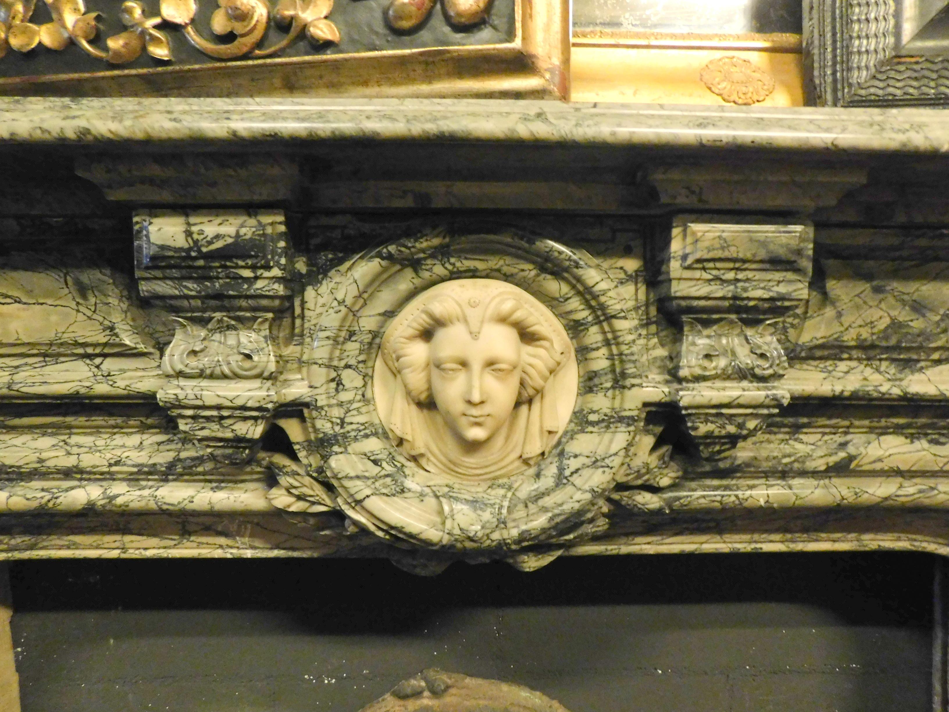 Italian Antique Neoclassical Gray Marble Fireplace with a White Carrara Face, 1800 Italy