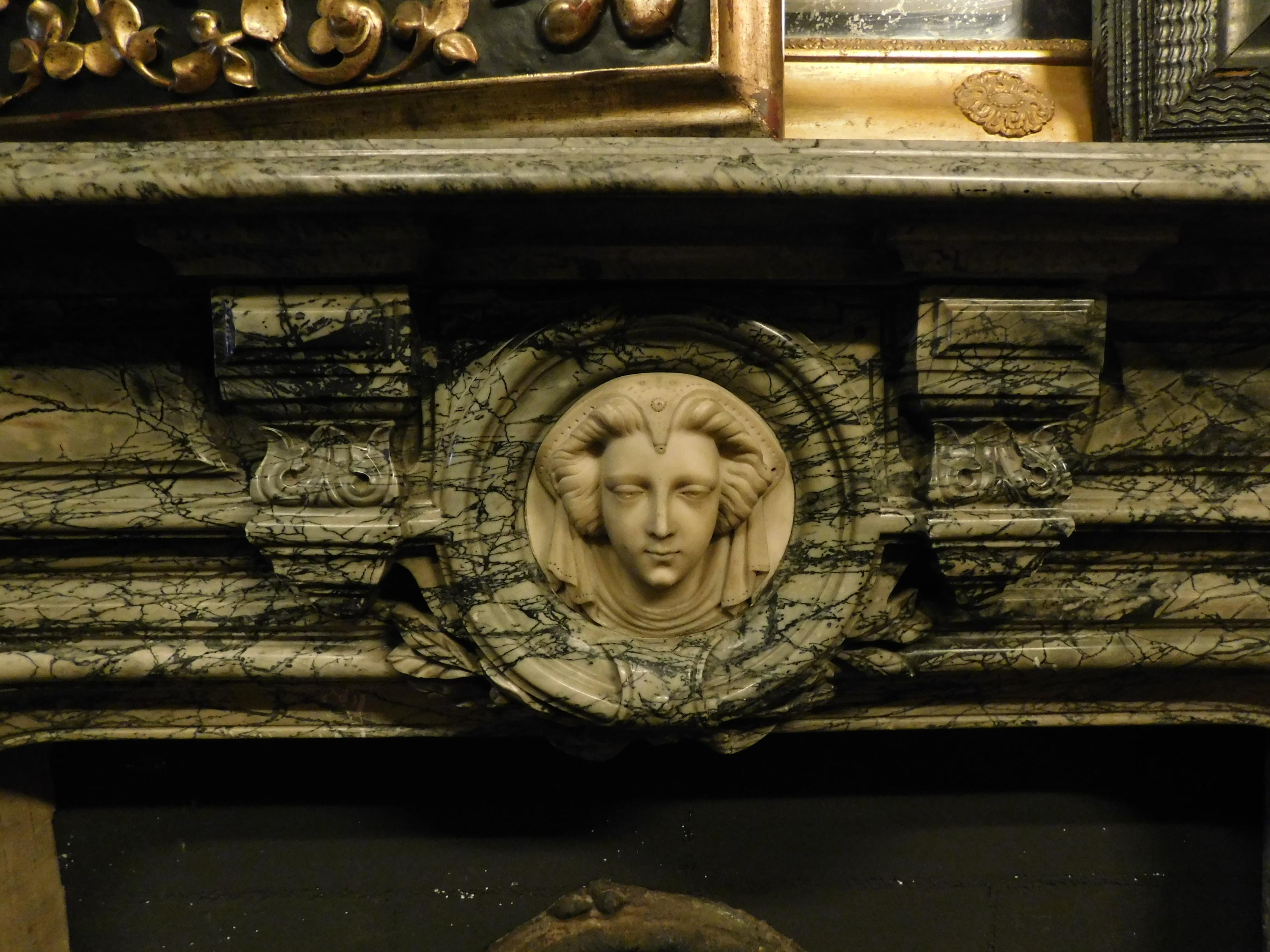 Hand-Carved Antique Neoclassical Gray Marble Fireplace with a White Carrara Face, 1800 Italy